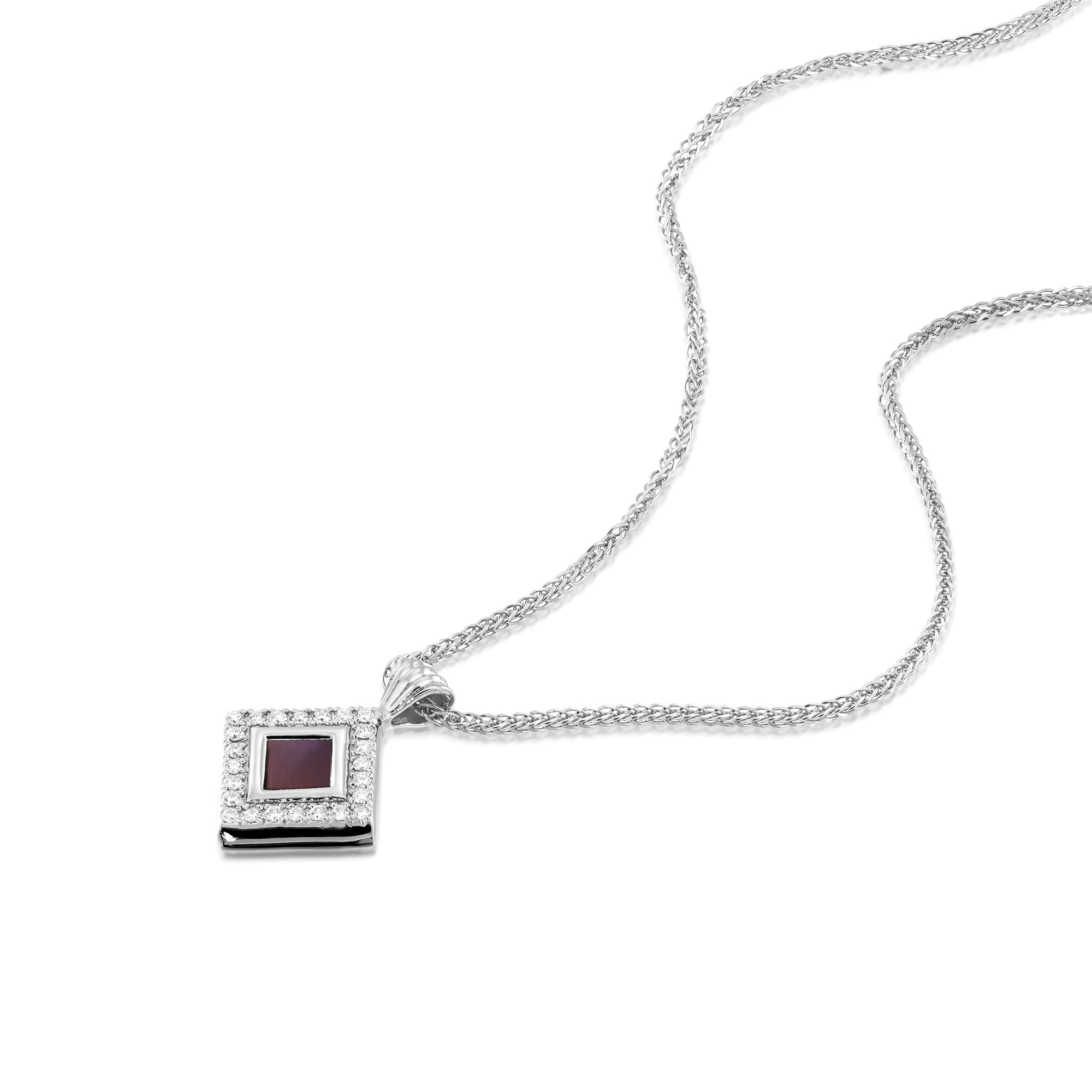Sterling silver Judaic necklace featuring square pendant with nano-inscribed Hebrew Tanakh. Religious Israeli jewelry for women. High-tech spiritual pendant with CZ frame. Ideal gift for Bat Mitzvah, mother, daughter.