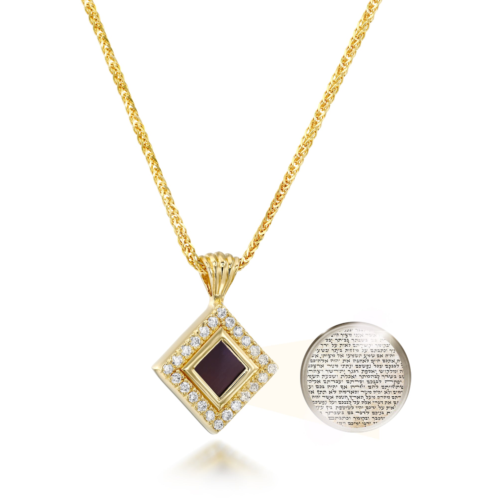 Gold-plated square Nano Bible necklace with cubic zirconia frame, includes full Hebrew Tanakh etched on microchip. Sacred Jewish jewelry gift for mother, wife, or daughter. Elegant faith-based pendant handcrafted in Israel, visible only under high-resolution microscope, spiritual and meaningful Judaica necklace.