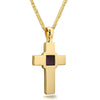 Gold-plated silver Christian necklace featuring a nanochip with full KJV New Testament text. Shown magnified to highlight the micro inscription. Religious cross pendant gift for faith-driven individuals, men or women. Timeless and meaningful, a wearable New Testament for daily inspiration and devotion.