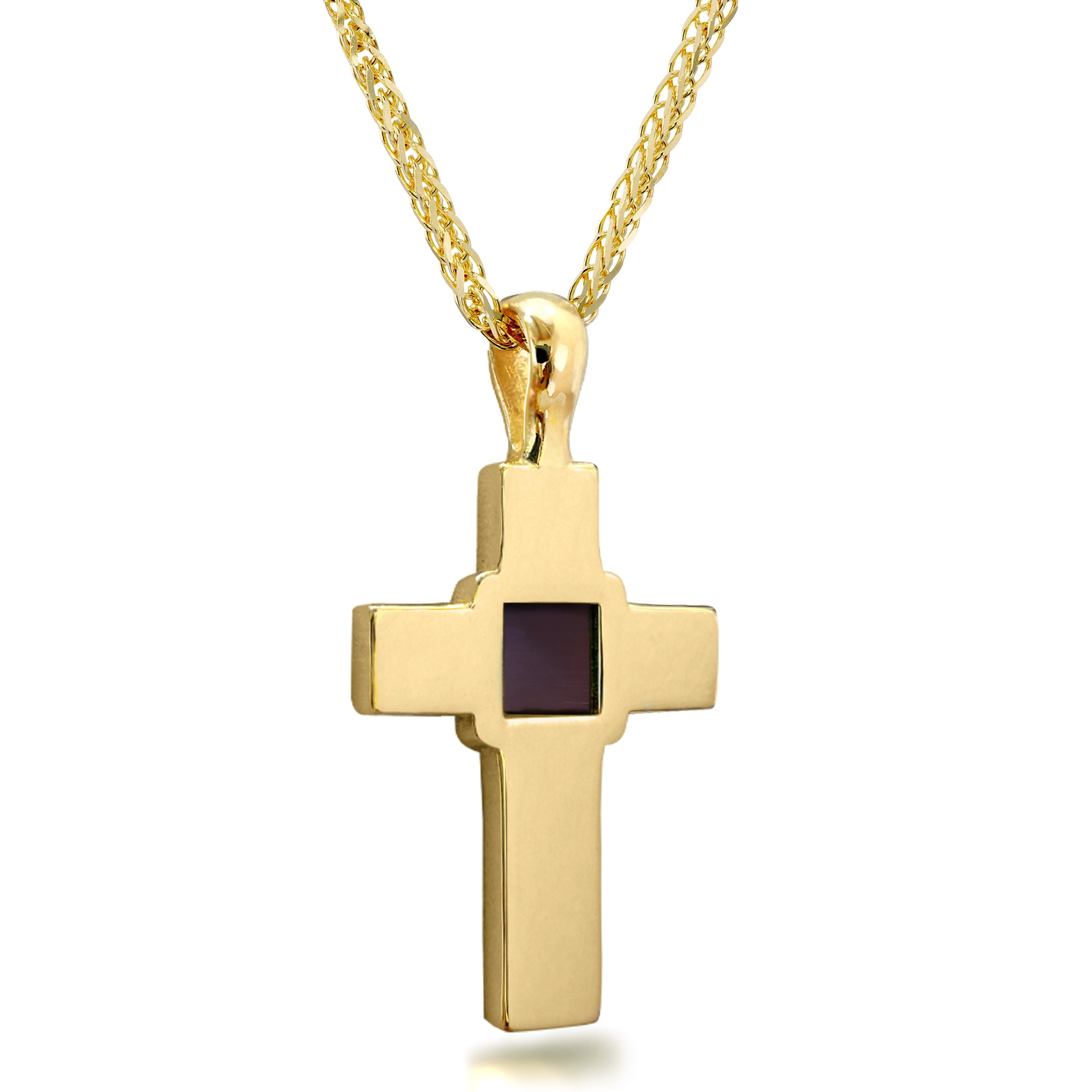 Gold-plated silver Christian necklace featuring a nanochip with full KJV New Testament text. Shown magnified to highlight the micro inscription. Religious cross pendant gift for faith-driven individuals, men or women. Timeless and meaningful, a wearable New Testament for daily inspiration and devotion.