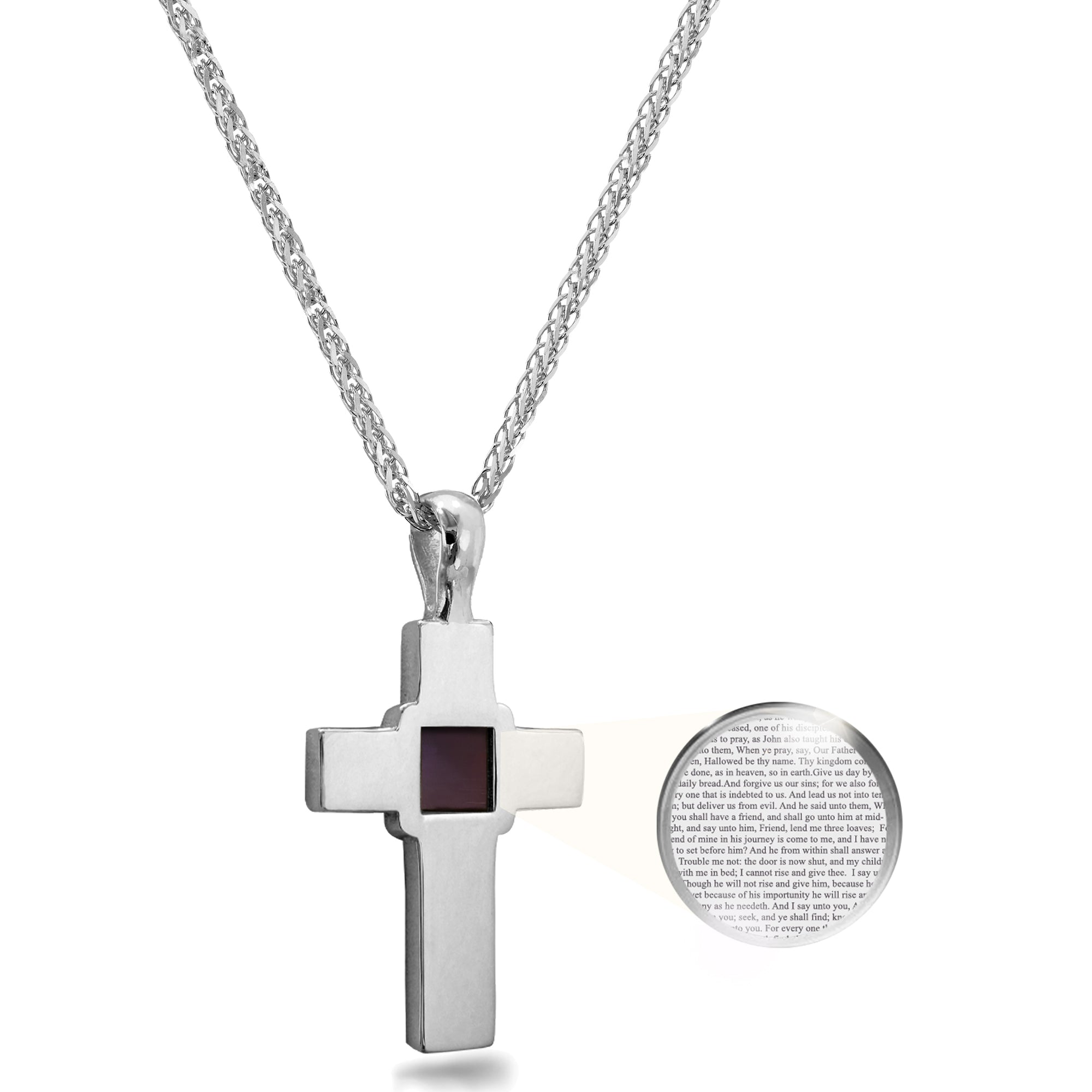 Sterling silver Christian necklace featuring a nanochip with full KJV New Testament text. Shown magnified to highlight the micro inscription. Religious cross pendant gift for faith-driven individuals, men or women. Timeless and meaningful, a wearable New Testament for daily inspiration and devotion.