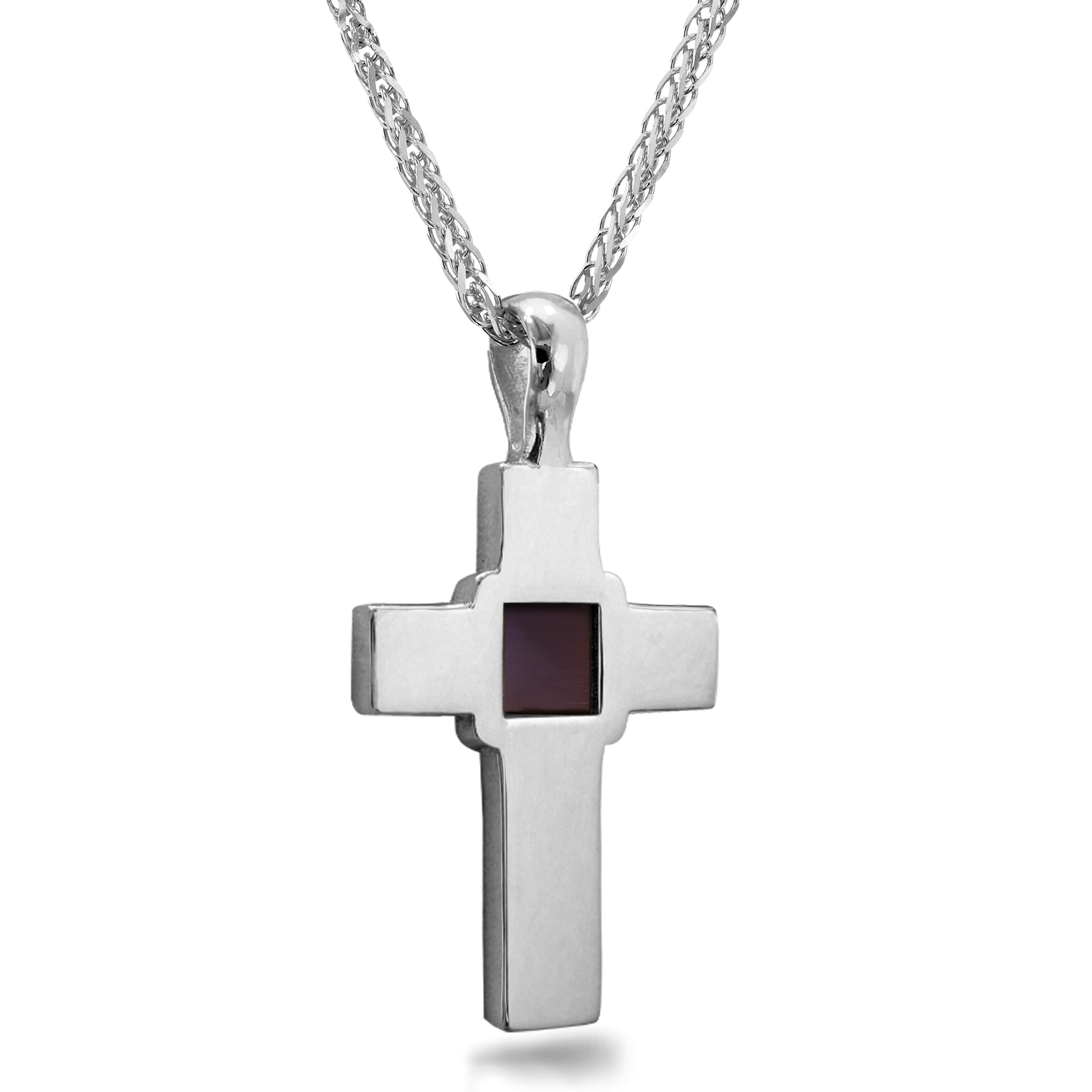 Sterling silver Christian necklace featuring a nanochip with full KJV New Testament text. Shown magnified to highlight the micro inscription. Religious cross pendant gift for faith-driven individuals, men or women. Timeless and meaningful, a wearable New Testament for daily inspiration and devotion.