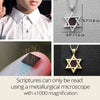 Infographic collage showcasing the Star of David necklace in various contexts—worn by a child, necklace size dimensions, chip on a fingertip, and close-up of gold version. Highlights how the Tanakh text is micro-inscribed and viewable only with x1000 magnification.