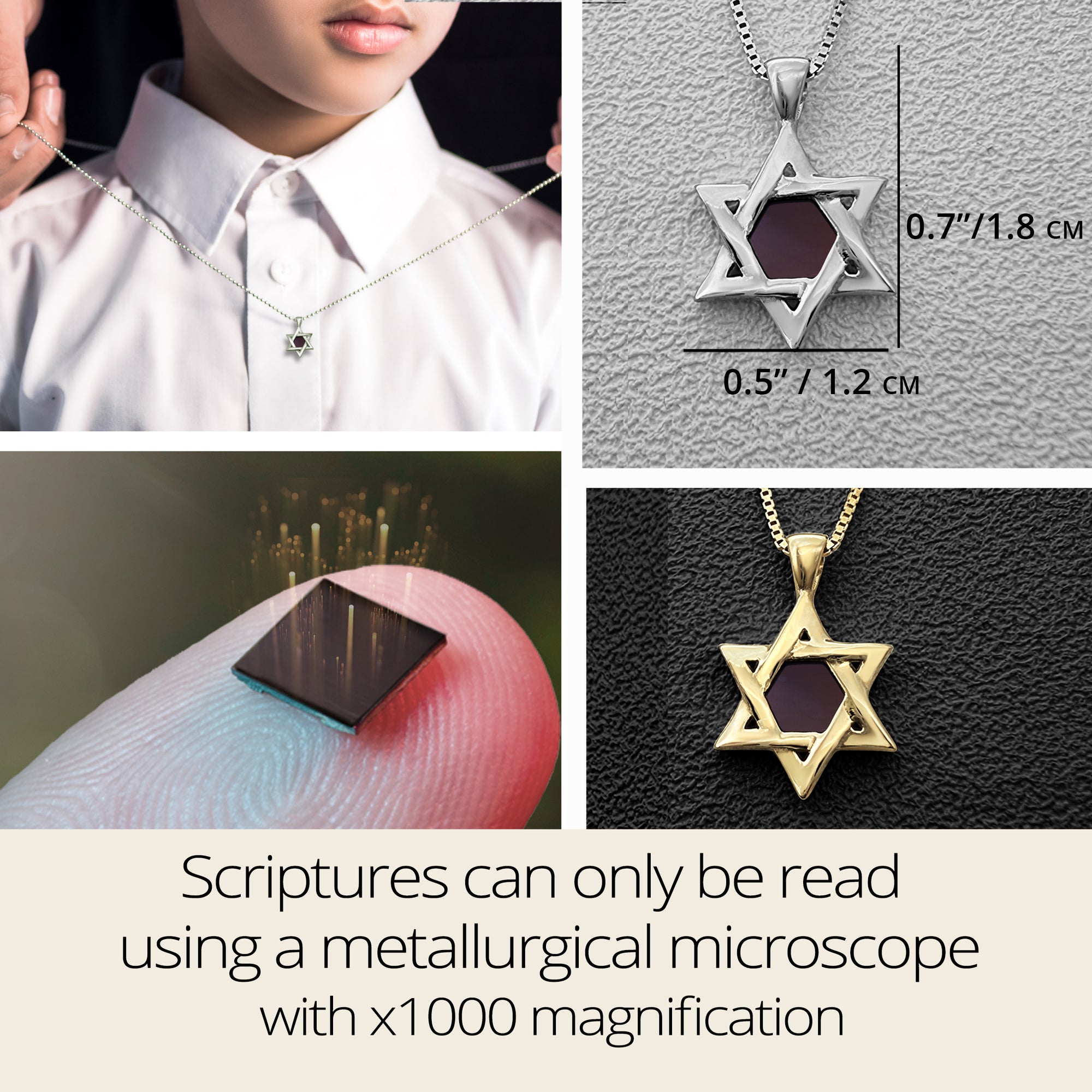 Infographic collage showcasing the Star of David necklace in various contexts—worn by a child, necklace size dimensions, chip on a fingertip, and close-up of gold version. Highlights how the Tanakh text is micro-inscribed and viewable only with x1000 magnification.