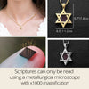 Infographic collage showcasing the Star of David necklace in various contexts—worn by a child, necklace size dimensions, chip on a fingertip, and close-up of gold version. Highlights how the Tanakh text is micro-inscribed and viewable only with x1000 magnification.