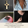 Infographic showing measurements and lifestyle view of gold-plated Nano Bible cross necklace. Includes close-up of microchip and model wearing necklace. Christian religious jewelry gift for her or him, inscribed with full KJV New Testament. Crafted in Israel, readable only under microscope. Elegant and meaningful.