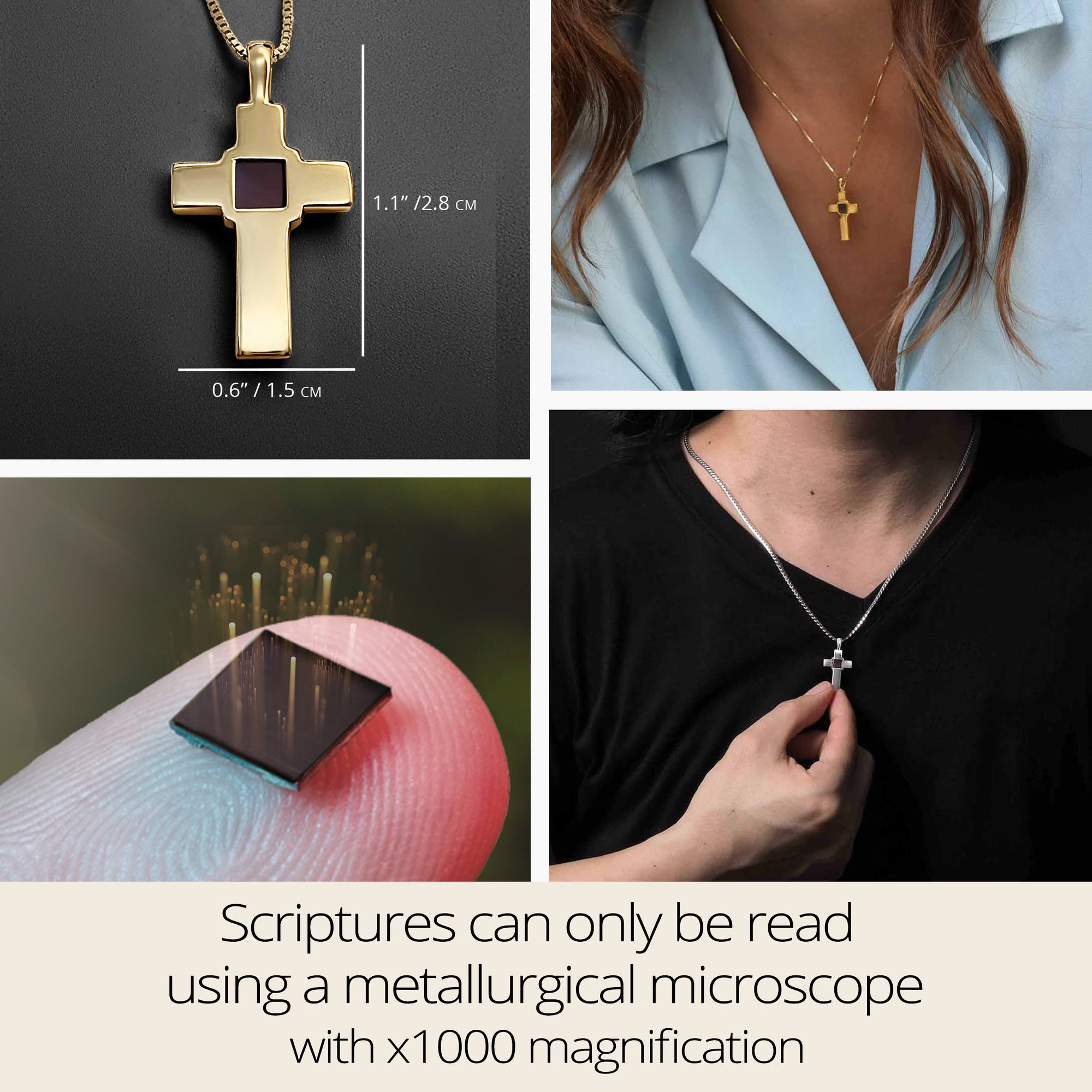 Infographic showing measurements and lifestyle view of gold-plated Nano Bible cross necklace. Includes close-up of microchip and model wearing necklace. Christian religious jewelry gift for her or him, inscribed with full KJV New Testament. Crafted in Israel, readable only under microscope. Elegant and meaningful.