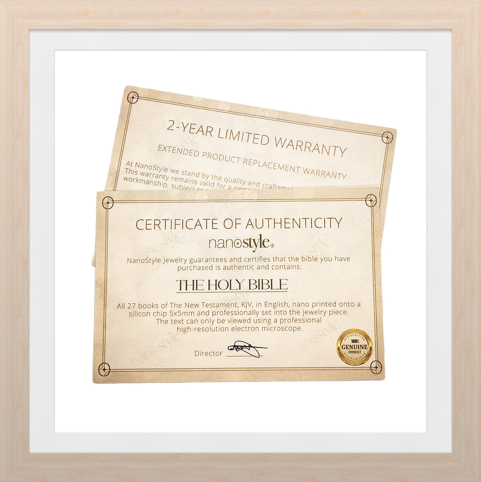 Certificate of Authenticity for Nano Bible Christian Necklace with KJV New Testament—verifies nano inscription of all 27 New Testament books on a 5x5mm microchip professionally set in pendant. This genuine religious gift from NanoStyle is a powerful expression of faith, combining spiritual depth and precision technology in a keepsake cross necklace for Christian men and women.