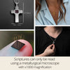 Infographic of sterling silver cross necklace with micro-inscribed KJV Bible. Shows pendant size, chip close-up, and lifestyle photos of men and women wearing the piece. Nano Bible Christian jewelry perfect for religious milestones, daily wear, or spiritual gifting. Authentic faith-based accessory handcrafted in Israel.