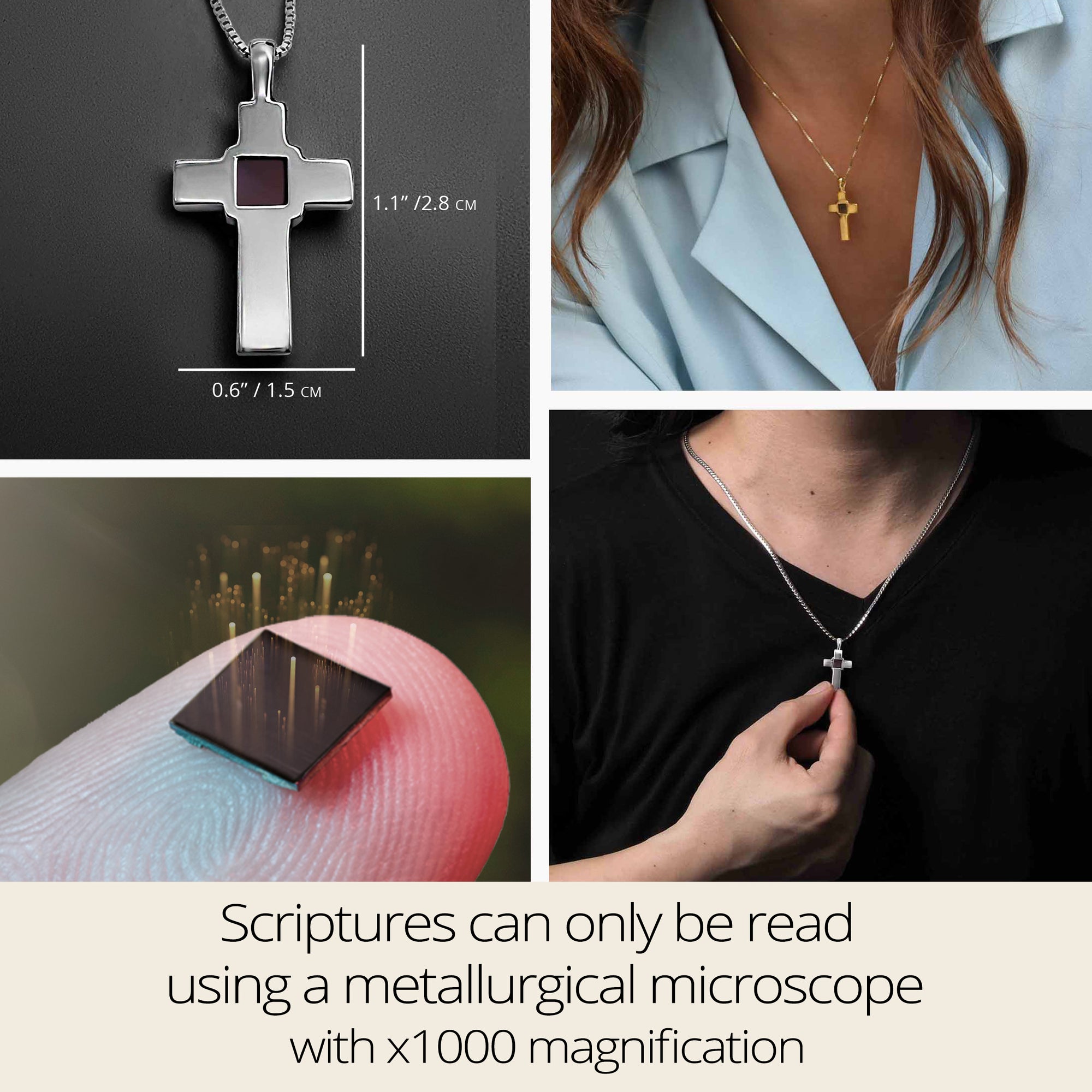 Infographic of sterling silver cross necklace with micro-inscribed KJV Bible. Shows pendant size, chip close-up, and lifestyle photos of men and women wearing the piece. Nano Bible Christian jewelry perfect for religious milestones, daily wear, or spiritual gifting. Authentic faith-based accessory handcrafted in Israel.