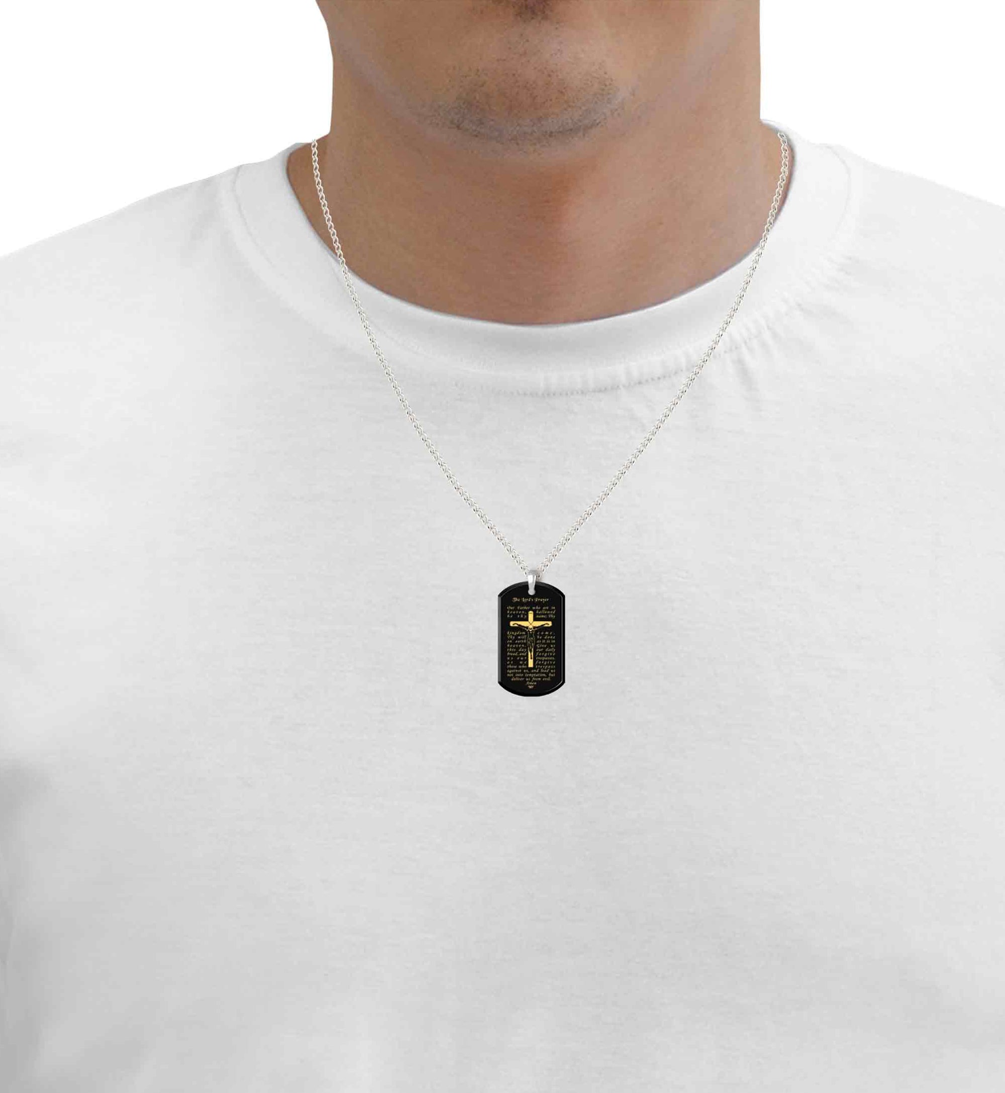 Men’s Crucifix Necklace Lord’s Prayer Dog Tag Pendant Gold Inscribed