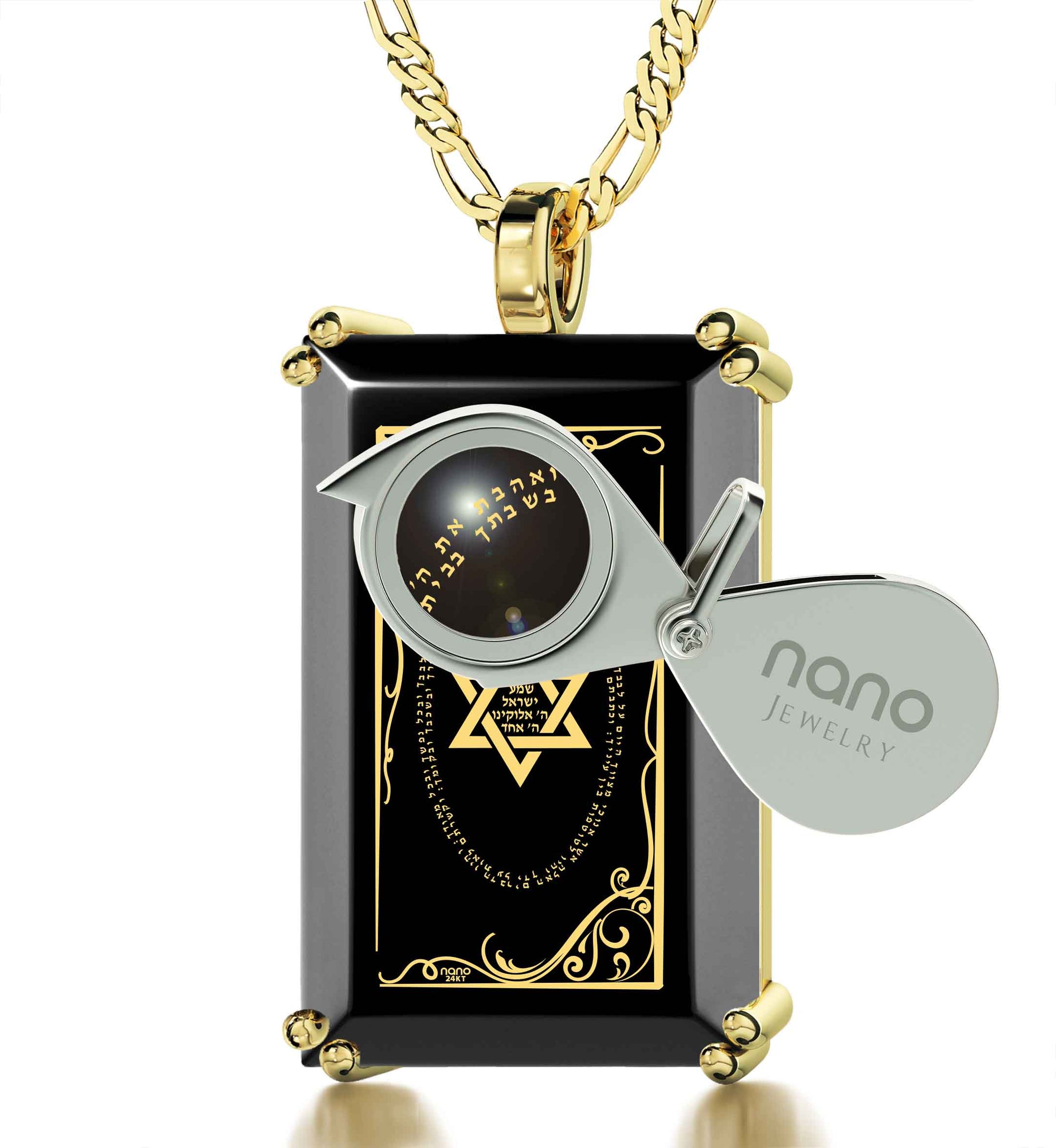 Men's Star of David Necklace Shema Israel Pendant 24k Gold Inscribed on Onyx - NanoStyle Jewelry