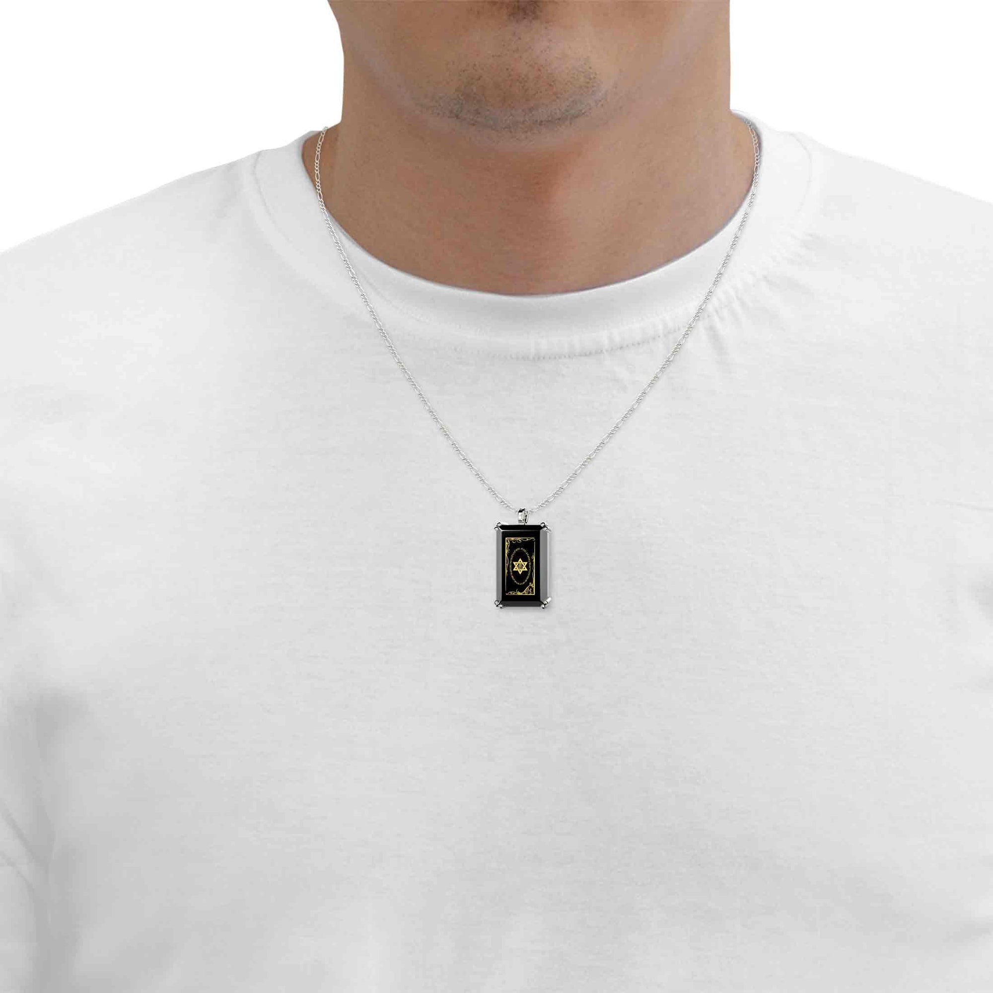 Men's Star of David Necklace Shema Israel Pendant 24k Gold Inscribed on Onyx - NanoStyle Jewelry