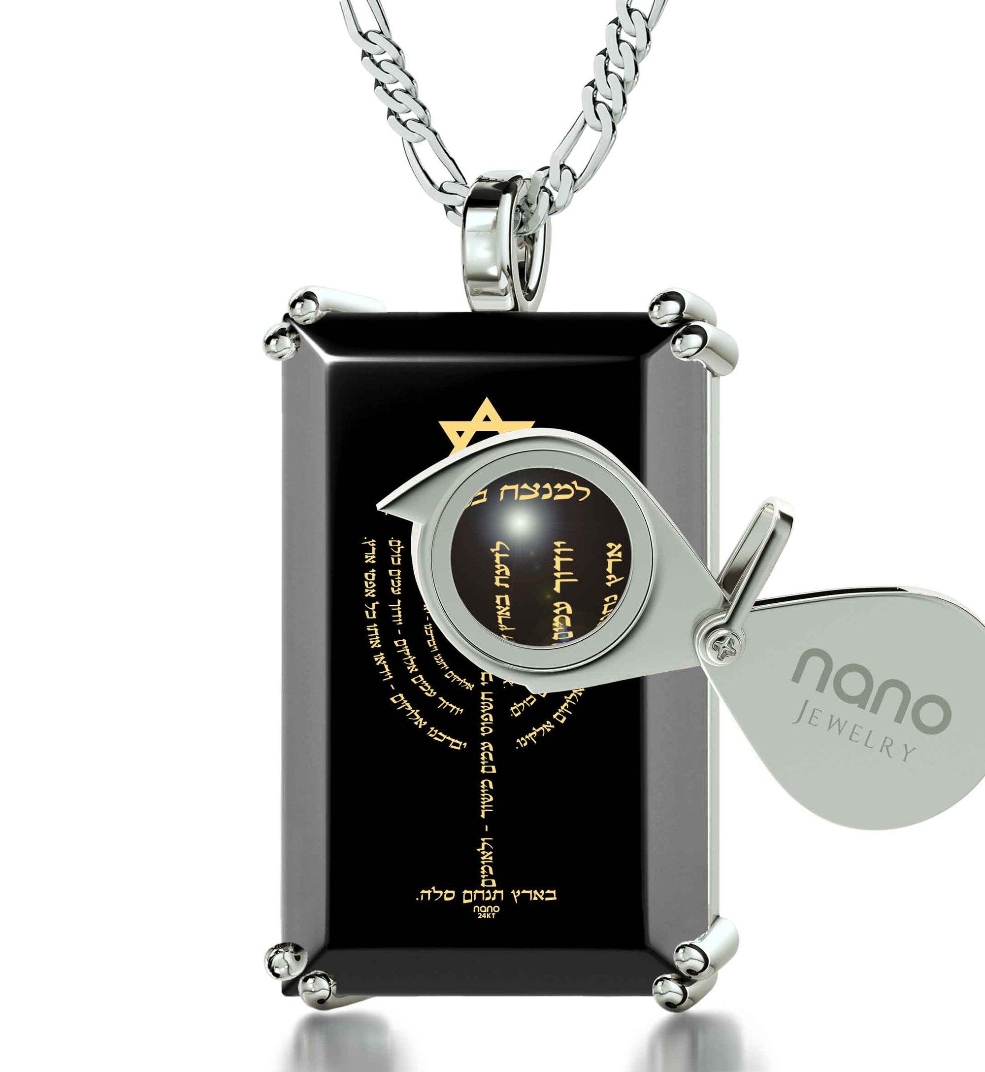 Men's Star of David Necklace Menorah Pendant Psalm 67 24k Gold Inscribed on Onyx - NanoStyle Jewelry
