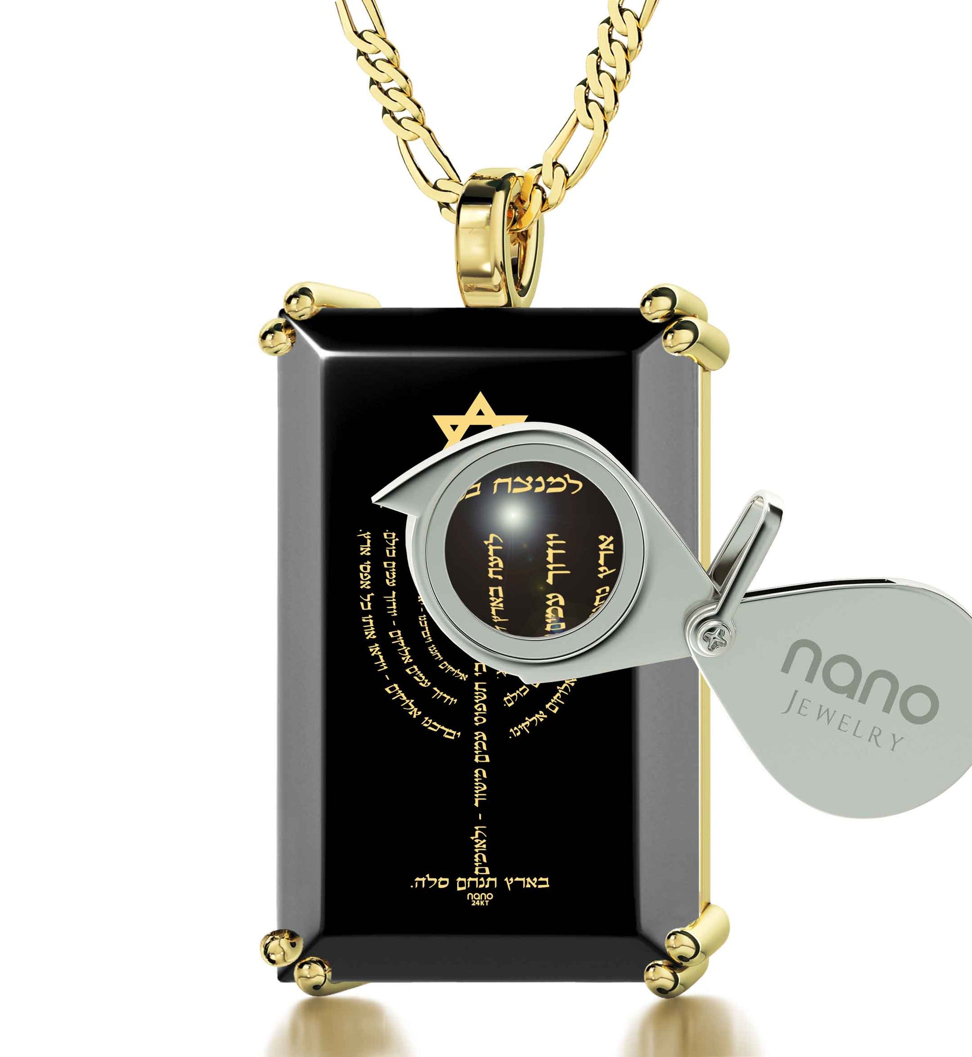 Men's Star of David Necklace Menorah Pendant Psalm 67 24k Gold Inscribed on Onyx - NanoStyle Jewelry