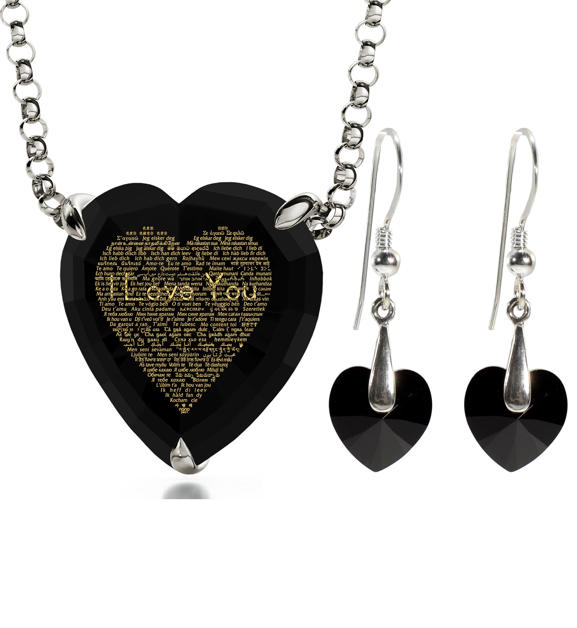 925 Silver Heart Jewelry Set 120 Languages I Love You Necklace and Crystal Earrings - NanoStyle Jewelry