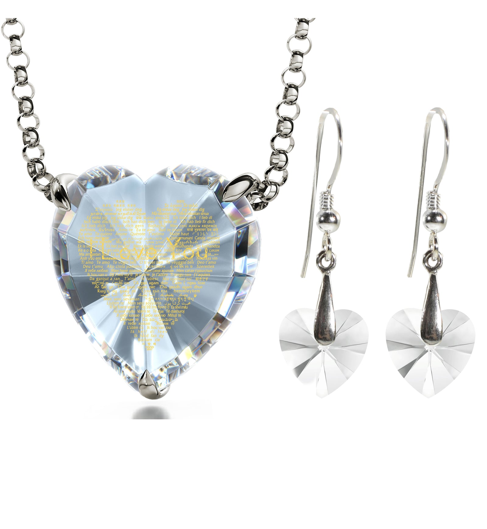 925 Silver Heart Jewelry Set 120 Languages I Love You Necklace and Crystal Earrings - NanoStyle Jewelry