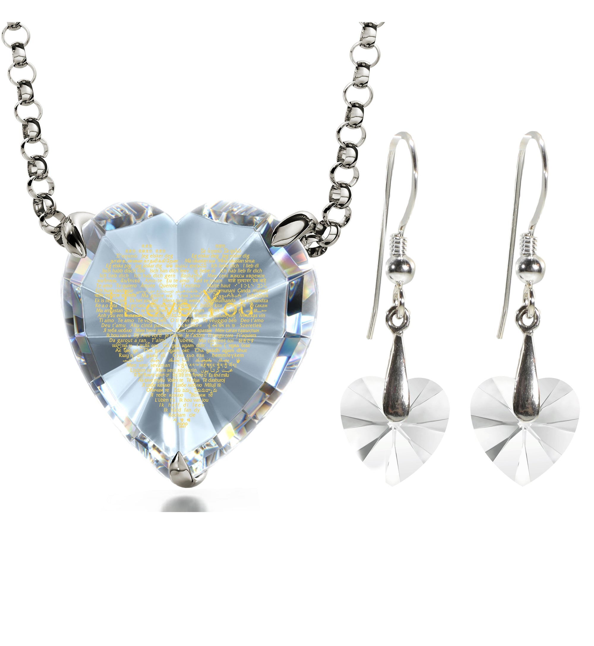 925 Silver Heart Jewelry Set 120 Languages I Love You Necklace and Crystal Earrings - NanoStyle Jewelry