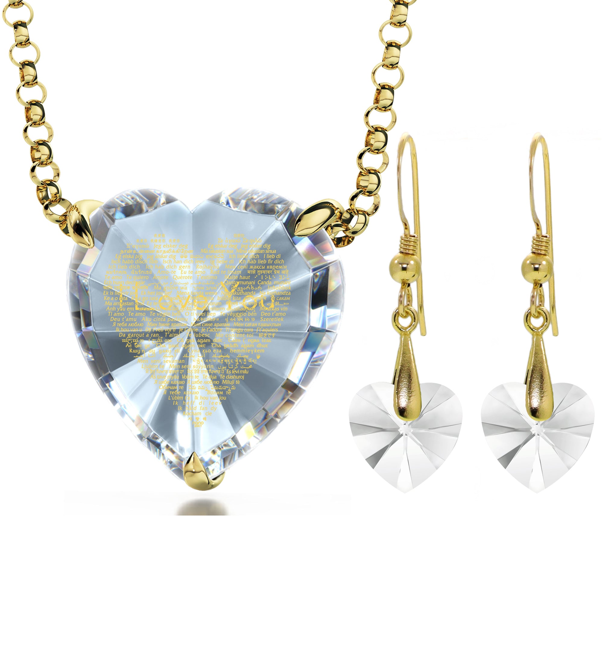 Gold Plated Heart Jewelry Set 120 Languages I Love You Necklace and Crystal Earrings - NanoStyle Jewelry