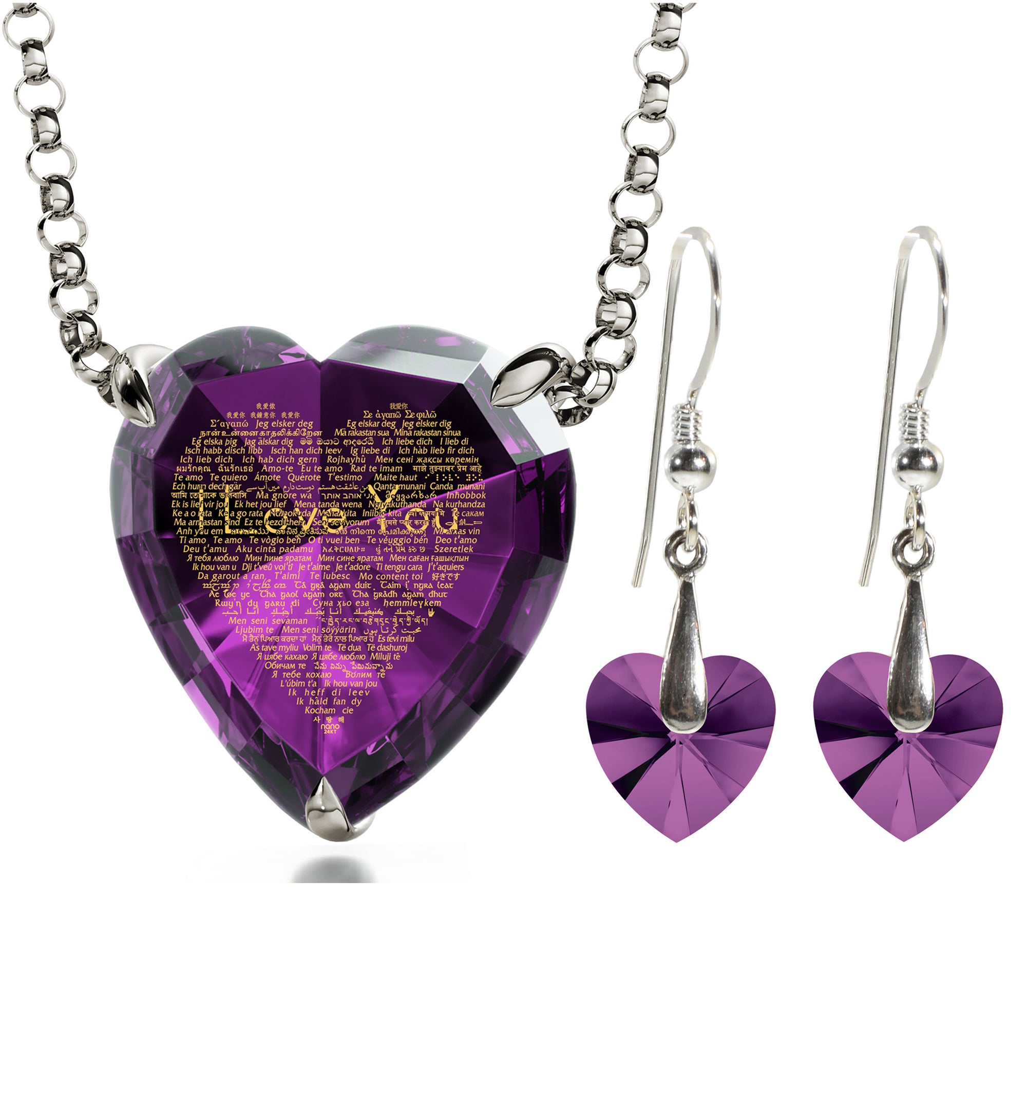 925 Silver Heart Jewelry Set 120 Languages I Love You Necklace and Crystal Earrings - NanoStyle Jewelry