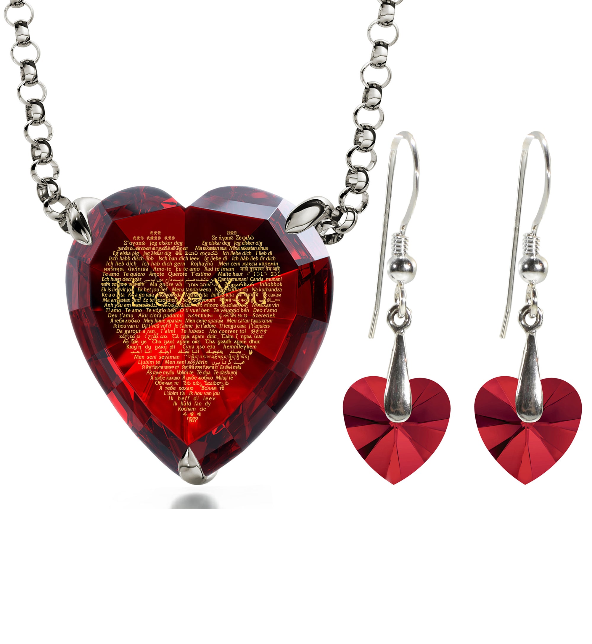 925 Silver Heart Jewelry Set 120 Languages I Love You Necklace and Crystal Earrings - NanoStyle Jewelry