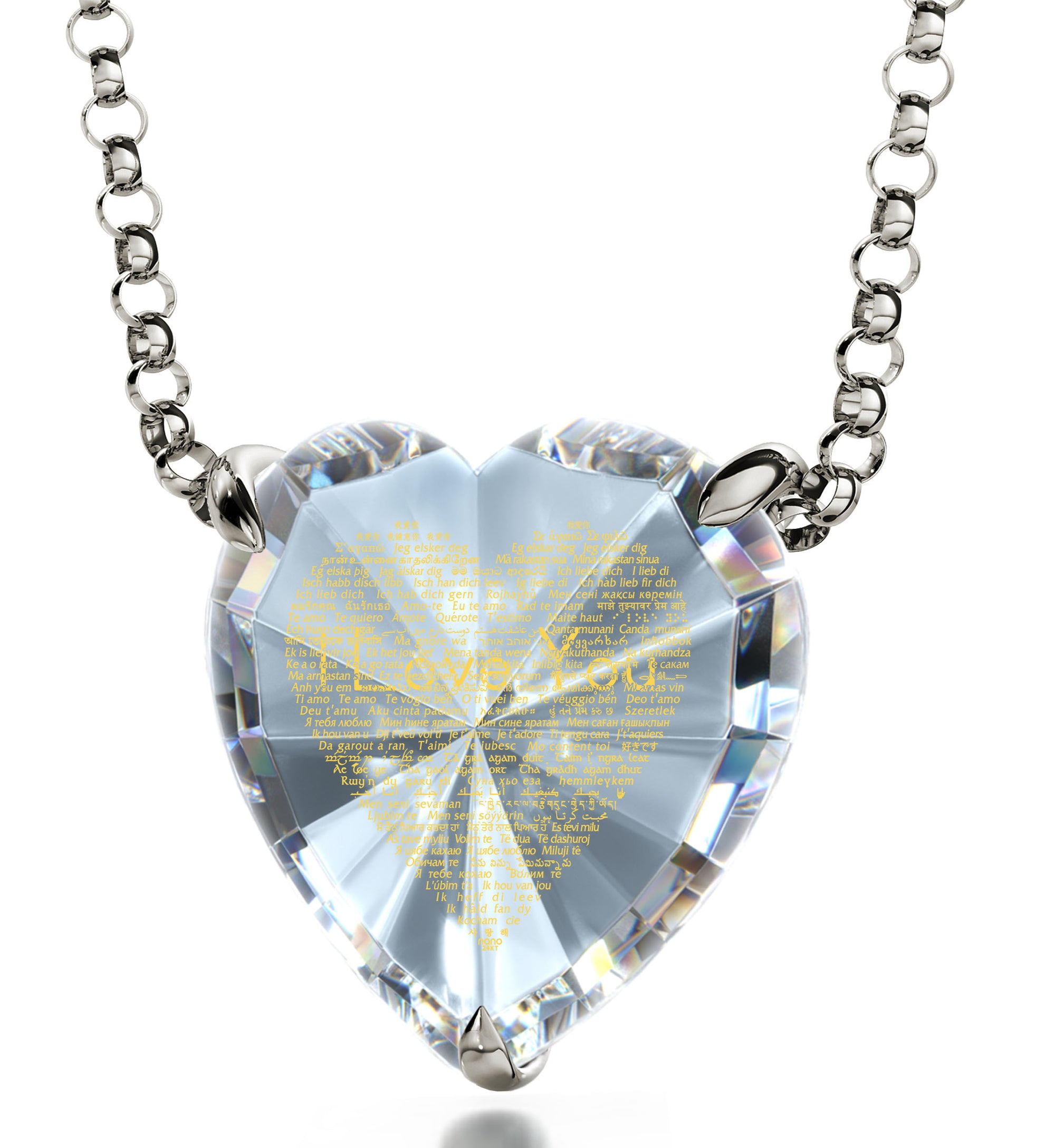 925 Sterling Silver Heart Necklace 24k Gold Inscribed I Love You in 120 Languages - NanoStyle Jewelry