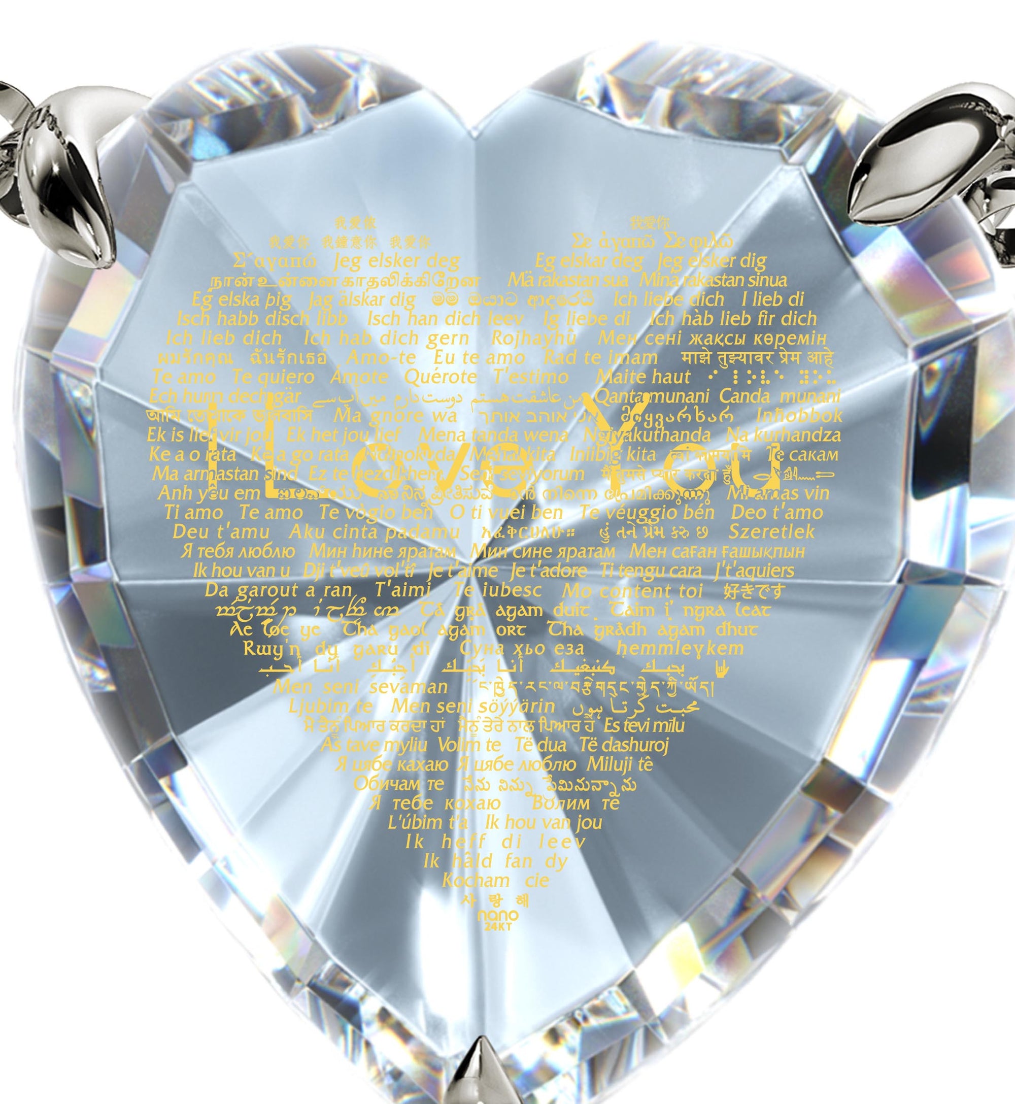925 Sterling Silver Heart Necklace 24k Gold Inscribed I Love You in 120 Languages - NanoStyle Jewelry