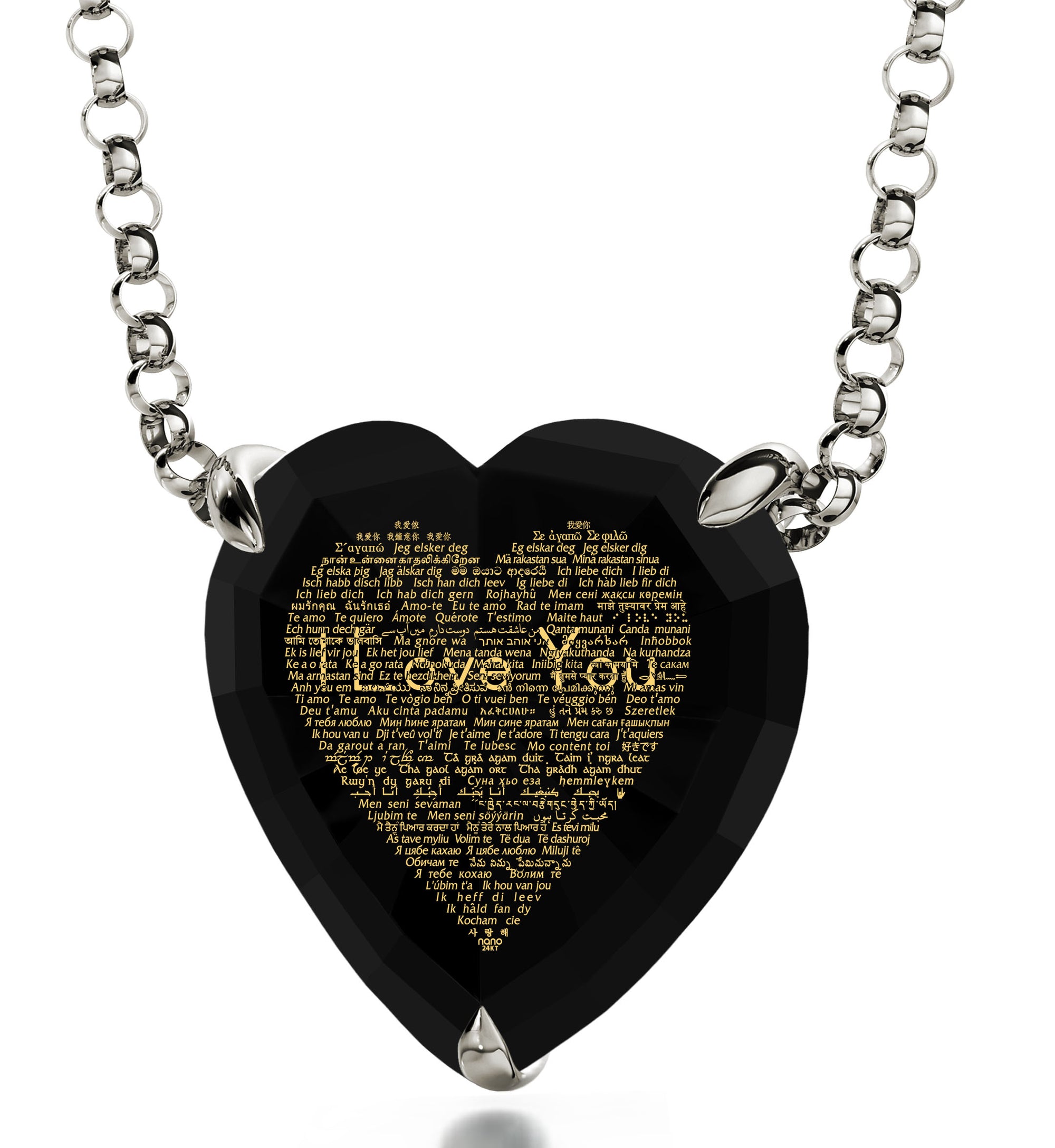 925 Sterling Silver Heart Necklace 24k Gold Inscribed I Love You in 120 Languages - NanoStyle Jewelry