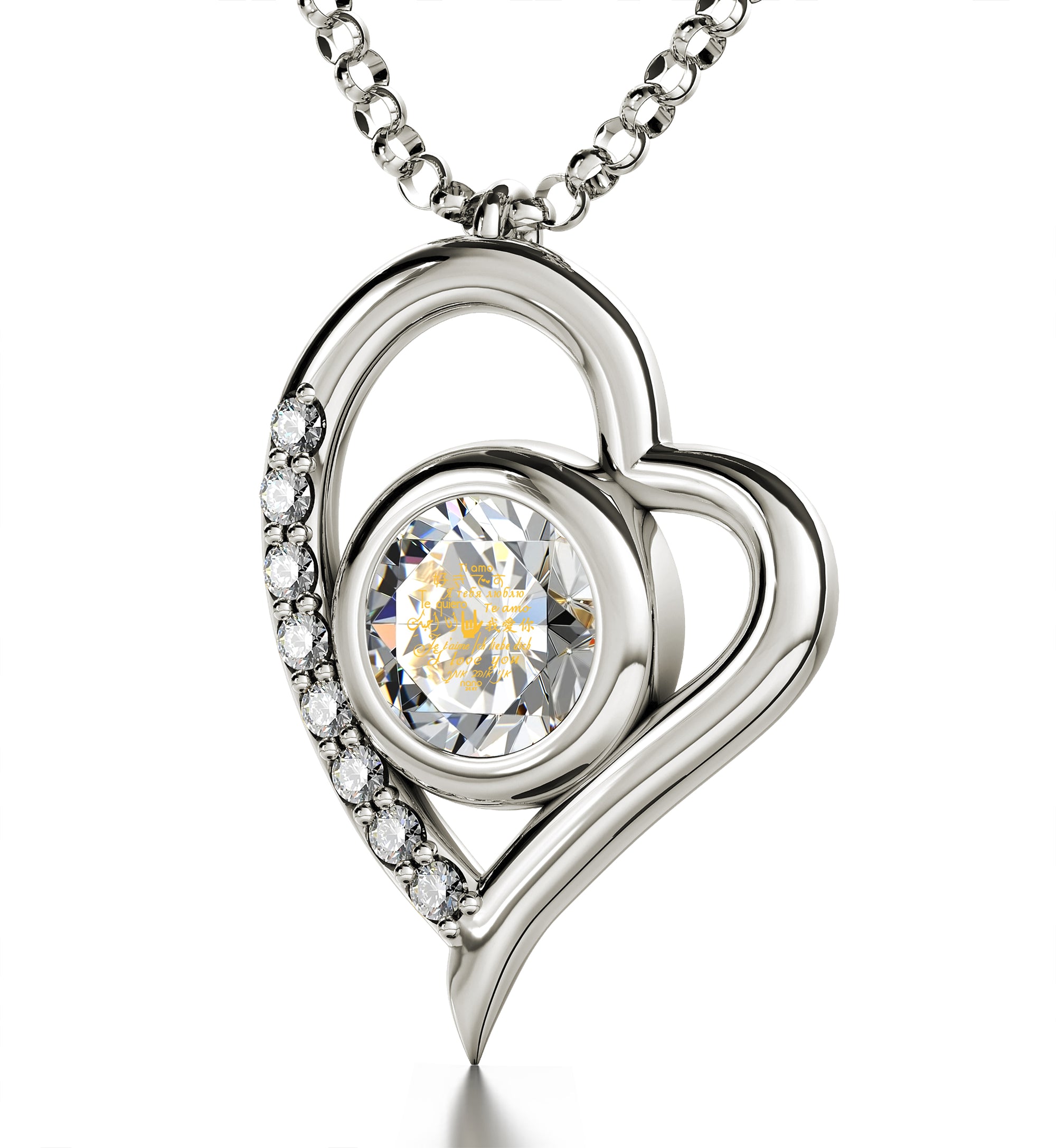 925 Sterling Silver I Love You Necklace Heart Pendant 12 Languages 24k Gold Inscribed - NanoStyle Jewelry