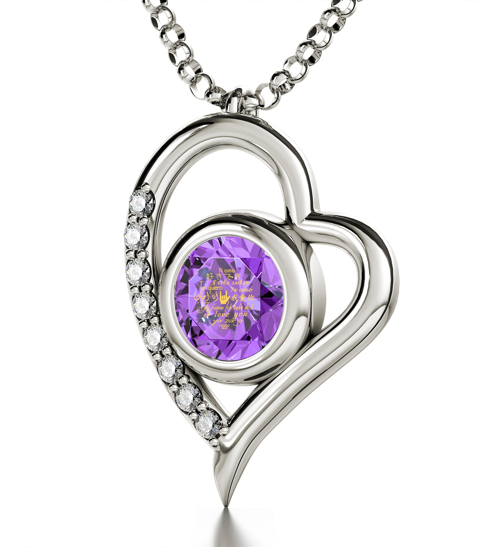925 Sterling Silver I Love You Necklace Heart Pendant 12 Languages 24k Gold Inscribed - NanoStyle Jewelry