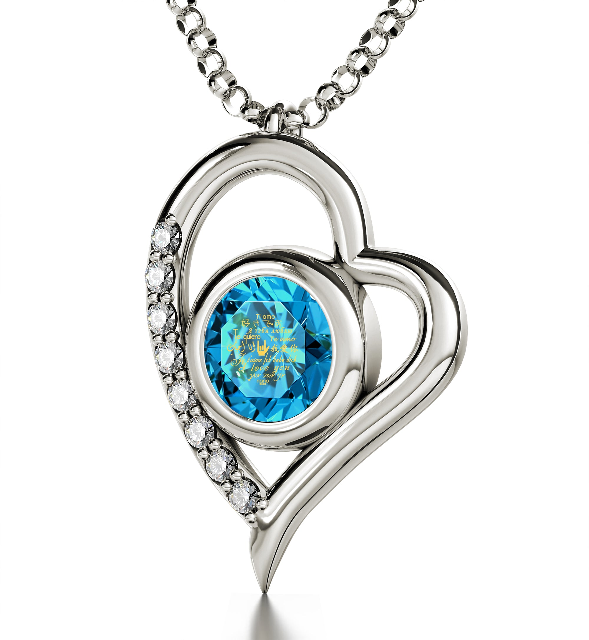 925 Sterling Silver I Love You Necklace Heart Pendant 12 Languages 24k Gold Inscribed - NanoStyle Jewelry