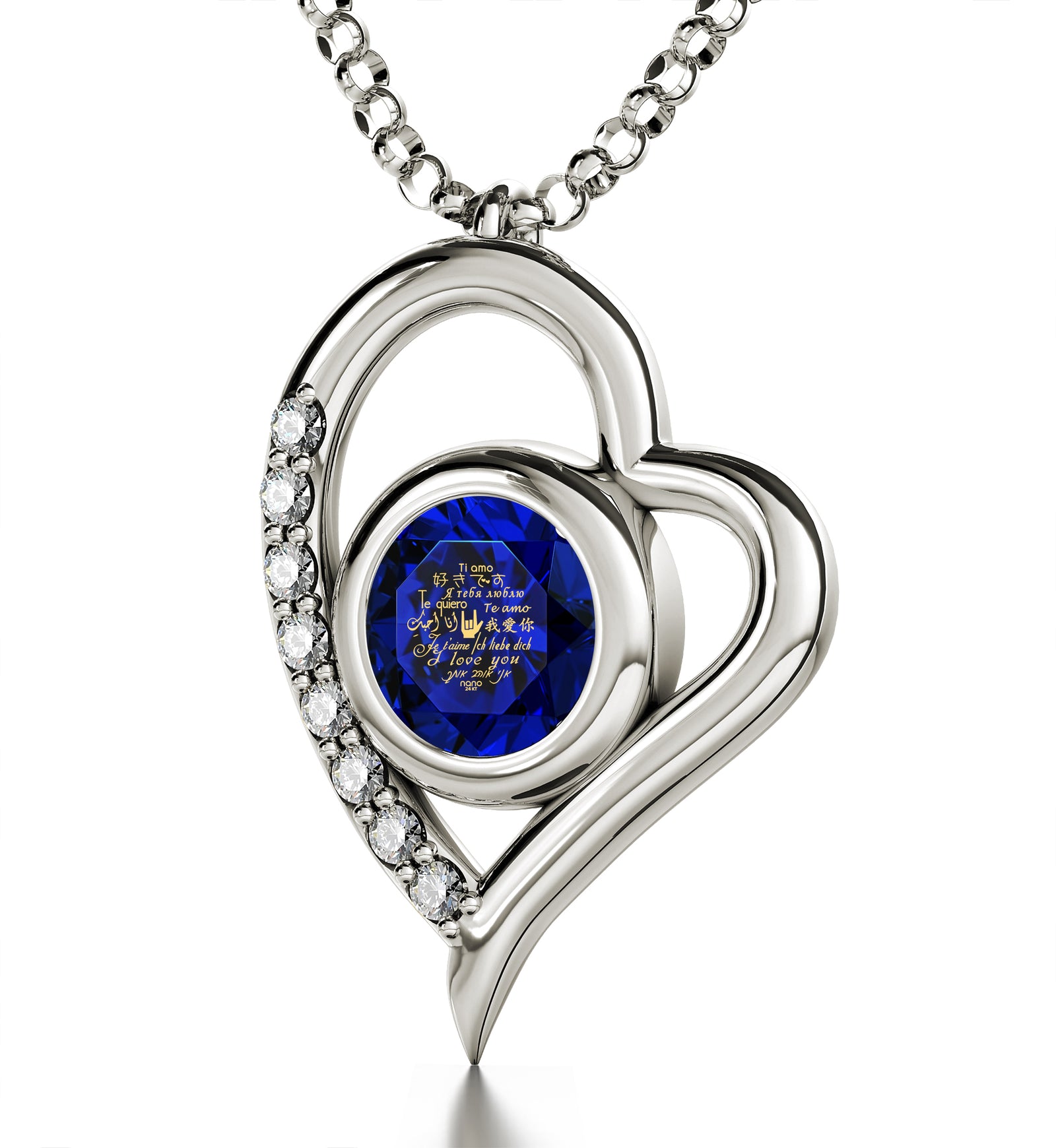 925 Sterling Silver I Love You Necklace Heart Pendant 12 Languages 24k Gold Inscribed - NanoStyle Jewelry