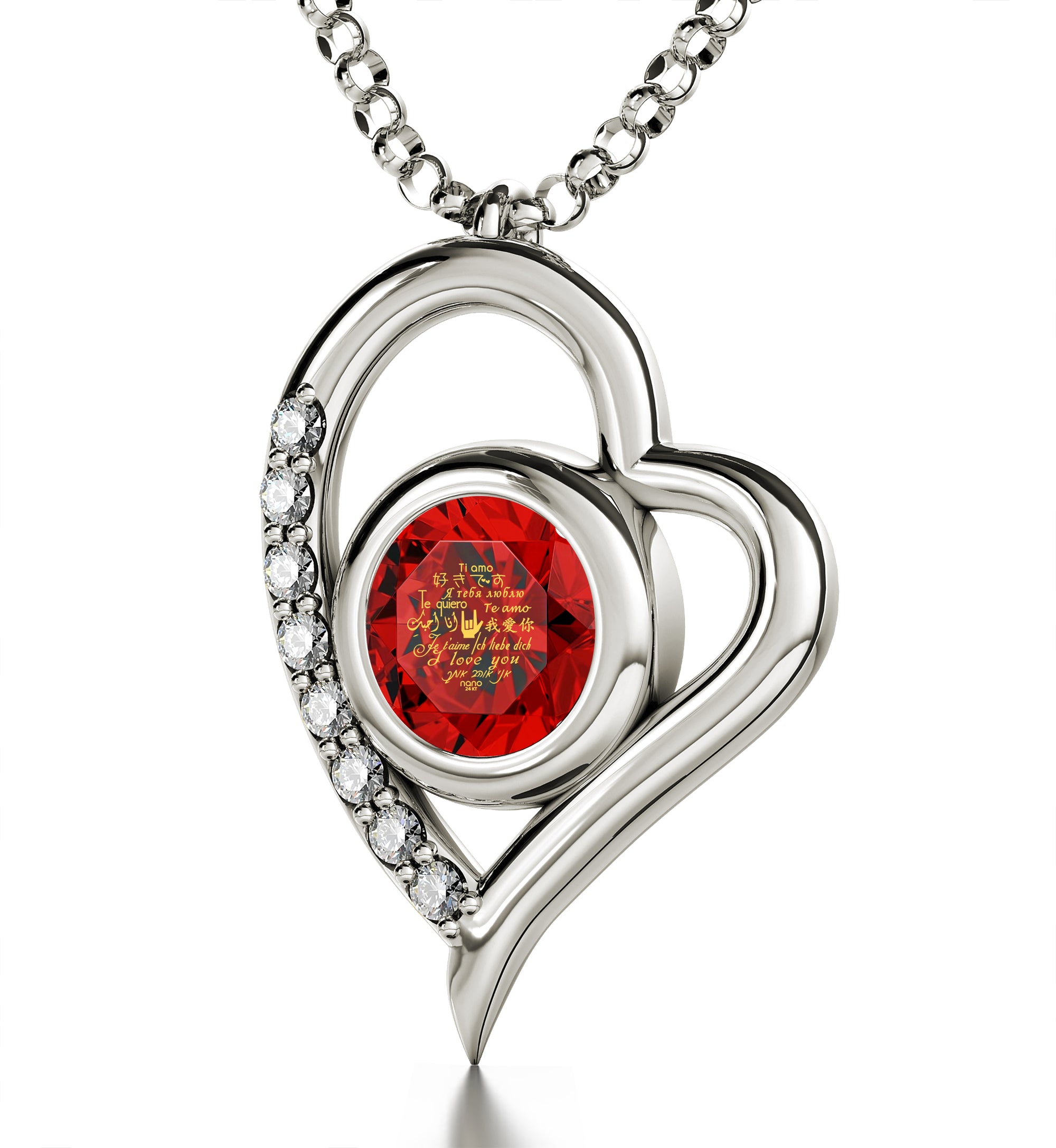 925 Sterling Silver I Love You Necklace Heart Pendant 12 Languages 24k Gold Inscribed - NanoStyle Jewelry