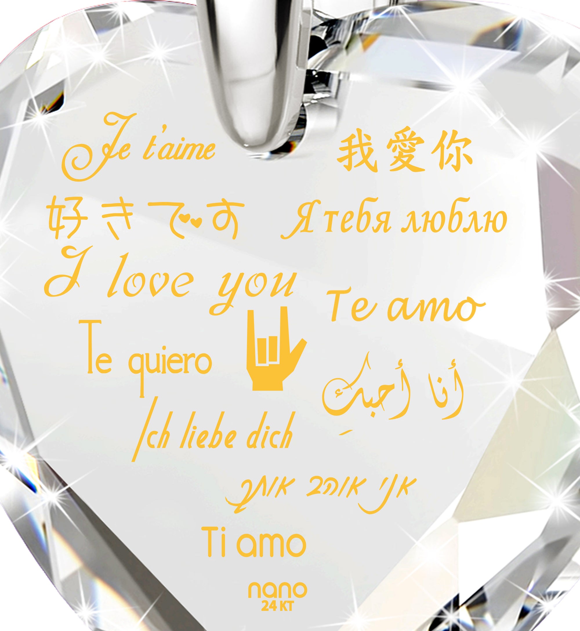 Silver Heart Necklace I Love You in 12 Languages 24k Gold Inscribed Cubic Zirconia - NanoStyle Jewelry
