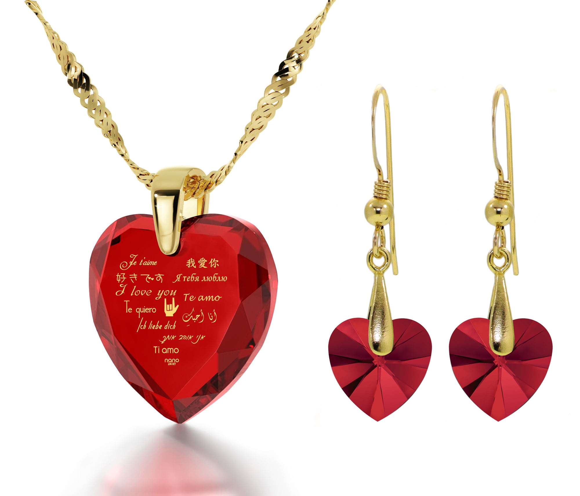 Gold Plated I Love You Necklace 12 Languages Gold Inscribed and Crystal Earrings Heart Jewelry Set - NanoStyle Jewelry