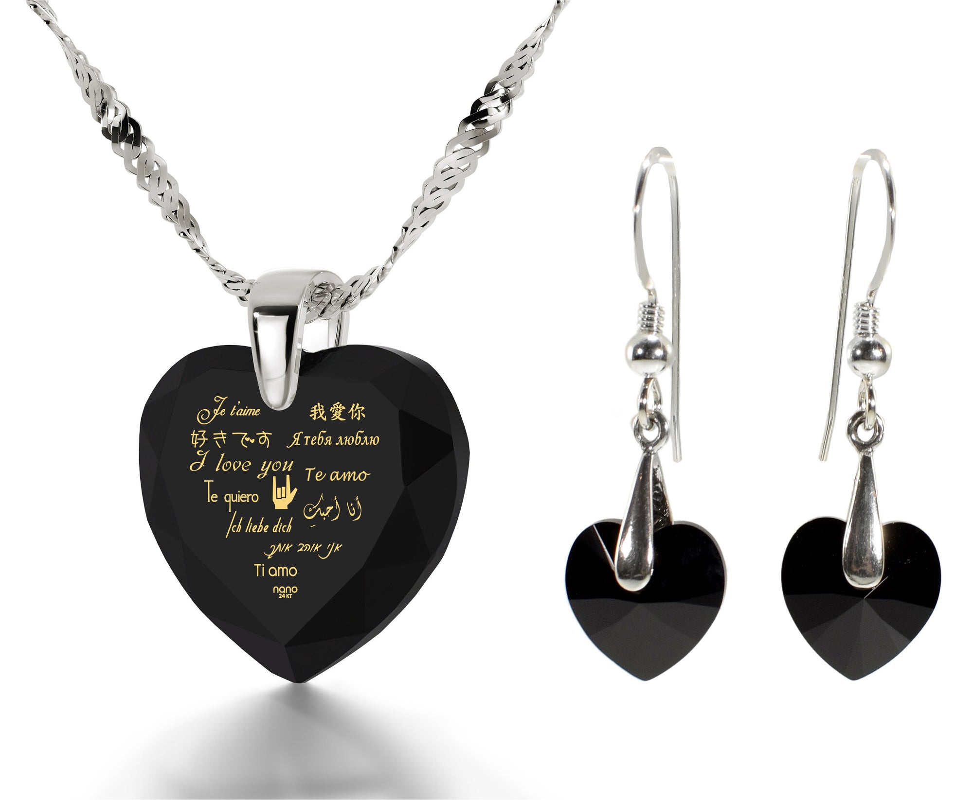 925 Silver I Love You Necklace 12 Languages Gold Inscribed and Crystal Earrings Heart Jewelry Set - NanoStyle Jewelry