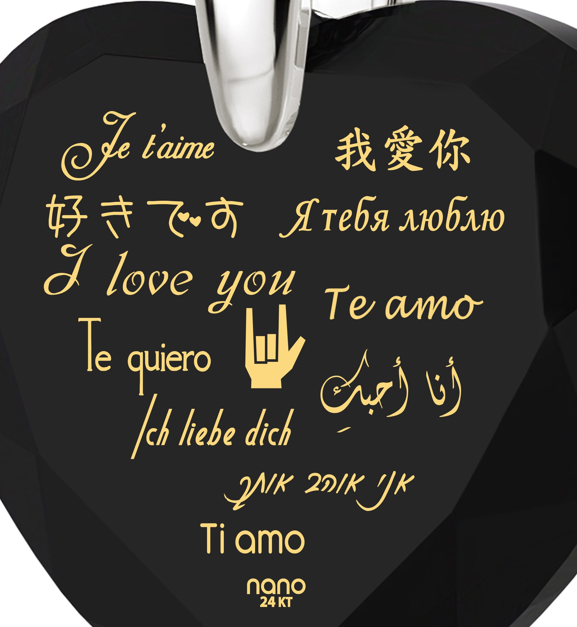 Silver Heart Necklace I Love You in 12 Languages 24k Gold Inscribed Cubic Zirconia - NanoStyle Jewelry
