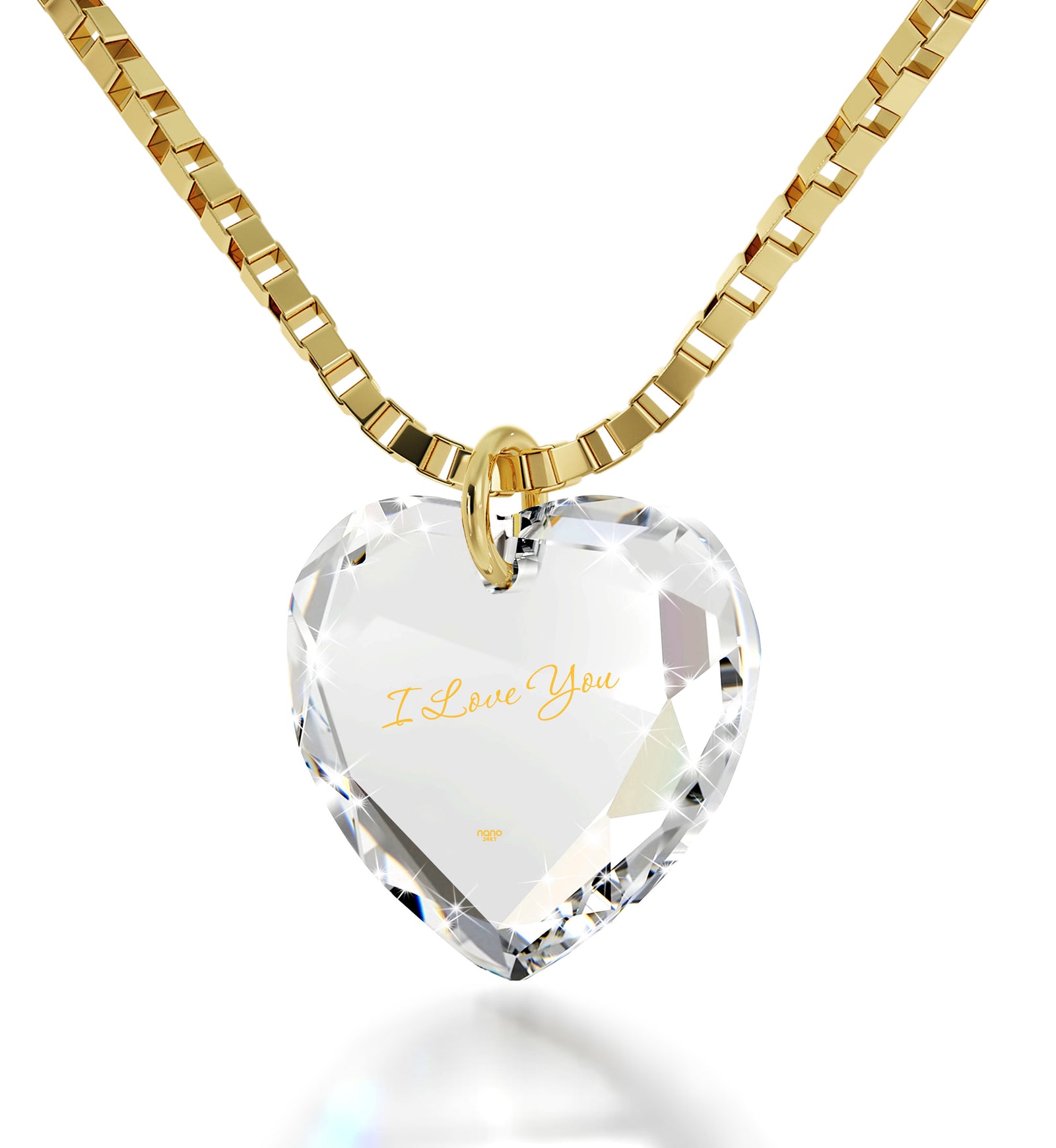 Tiny Crystal Heart Pendant I Love You Necklace 24k Gold Inscribed - NanoStyle Jewelry