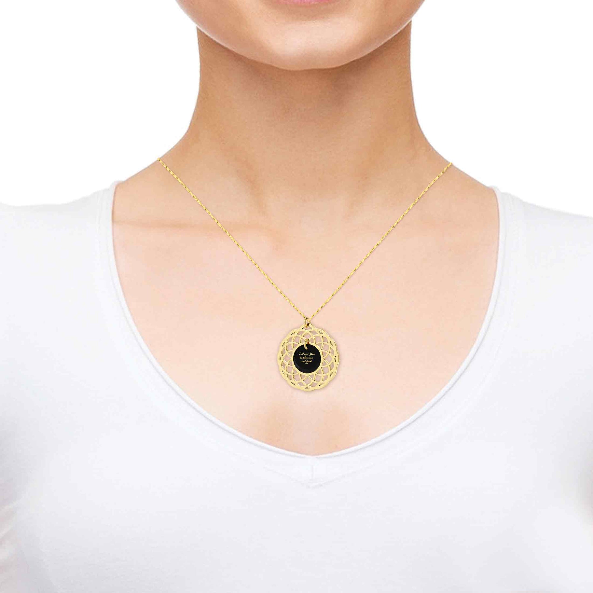 Gold Plated I Love You To The Moon and Back Necklace Mandala Pendant 24k Gold Inscribed - NanoStyle Jewelry