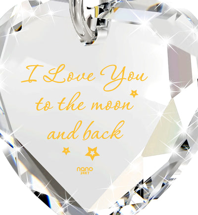 Tiny Crystal Heart pendant 24k Gold Inscribed I Love You to the Moon and Back Necklace - NanoStyle Jewelry