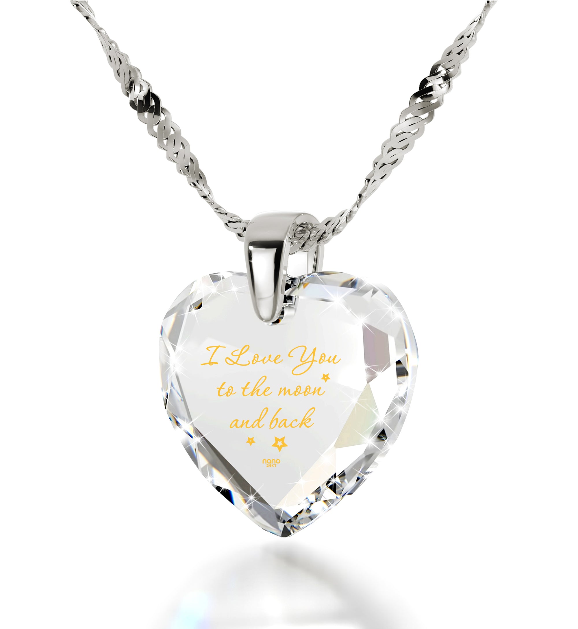 925 Sterling Silver I Love You to The Moon and Back Necklace 24k Gold Inscribed Heart Cubic Zirconia Pendant - NanoStyle Jewelry