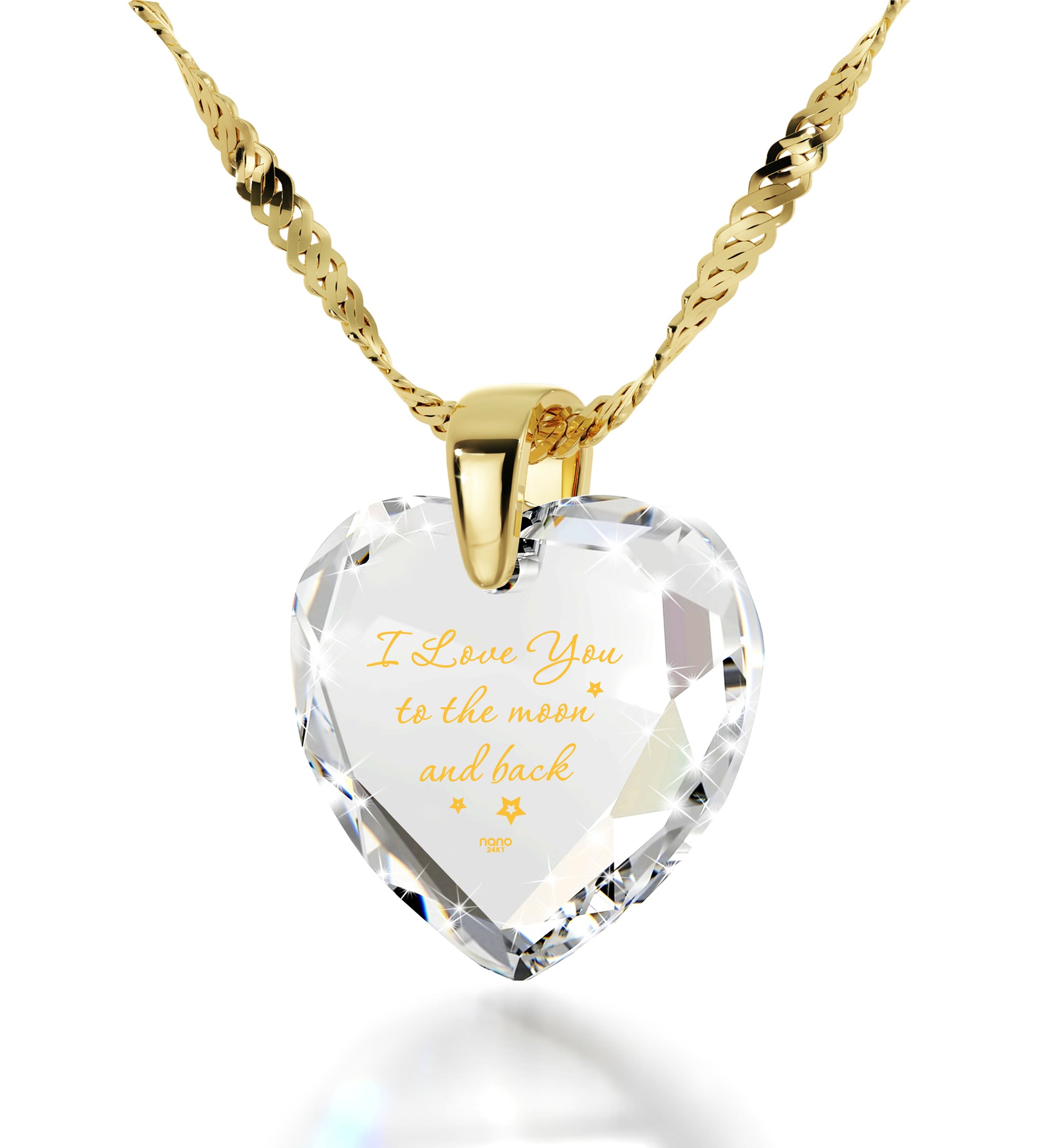 Gold Plated I Love You to The Moon and Back Necklace 24k Gold Inscribed Heart Cubic Zirconia Pendant - NanoStyle Jewelry