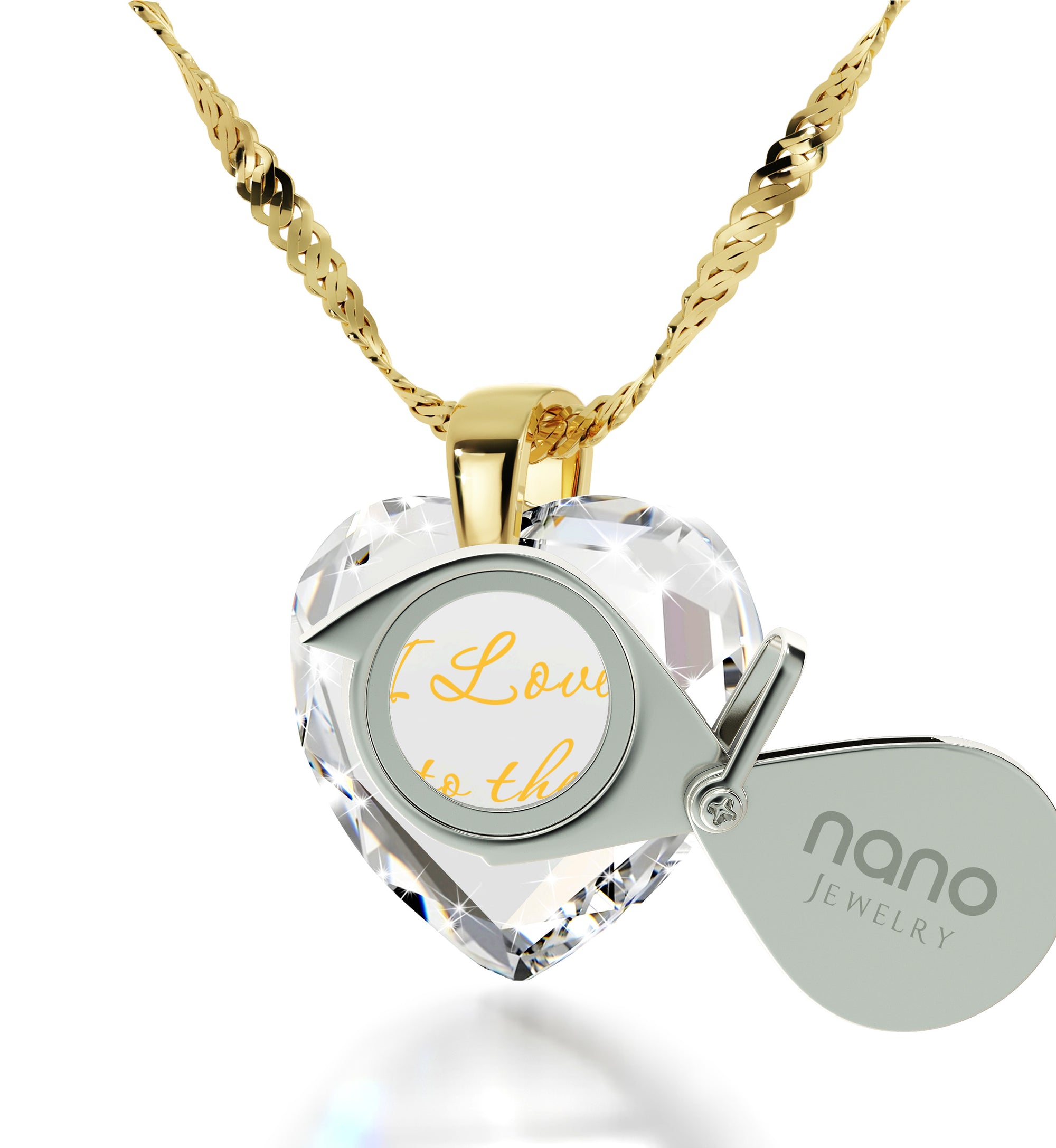 Gold Plated I Love You to The Moon and Back Necklace 24k Gold Inscribed Heart Cubic Zirconia Pendant - NanoStyle Jewelry