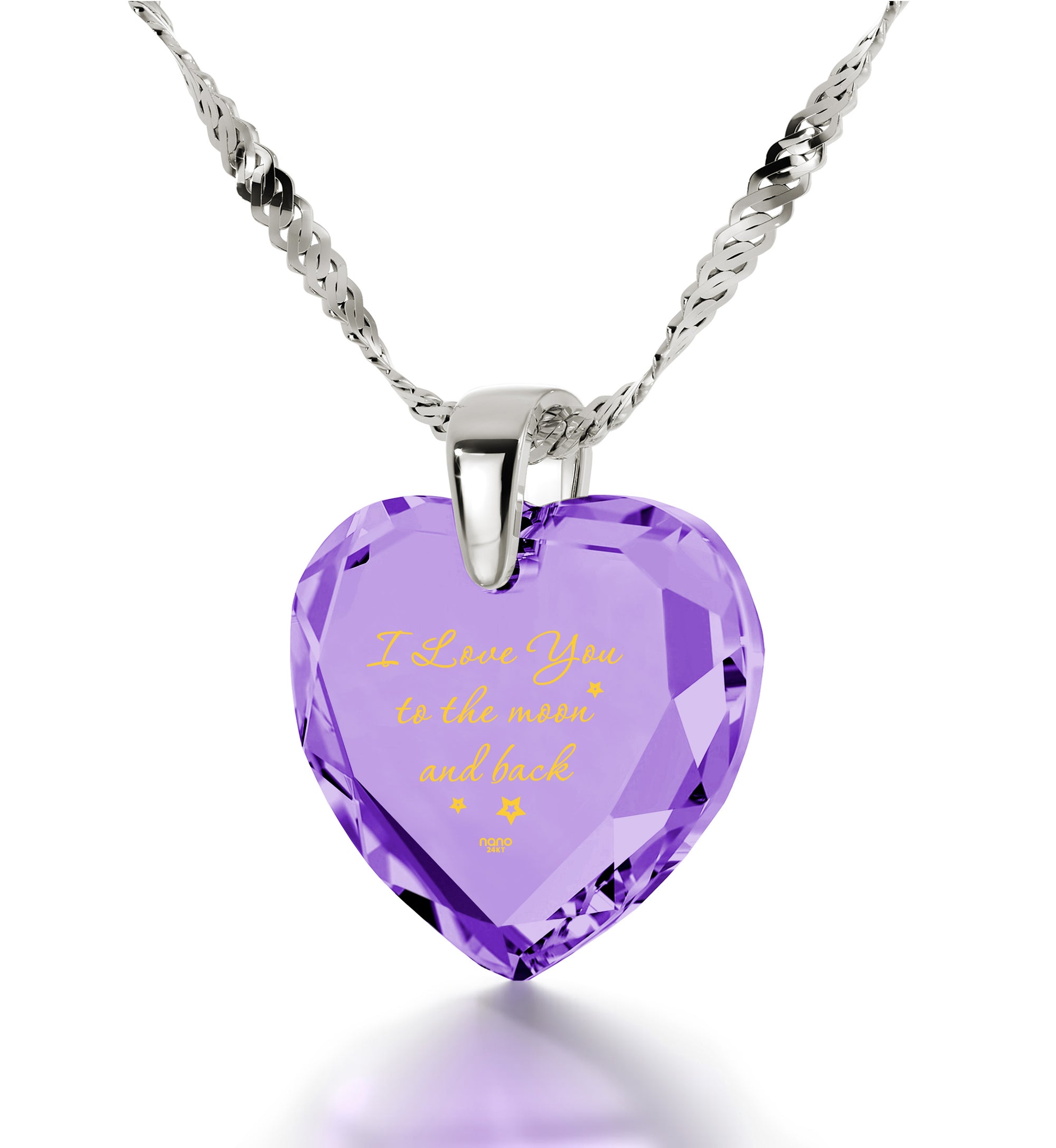 925 Sterling Silver I Love You to The Moon and Back Necklace 24k Gold Inscribed Heart Cubic Zirconia Pendant - NanoStyle Jewelry