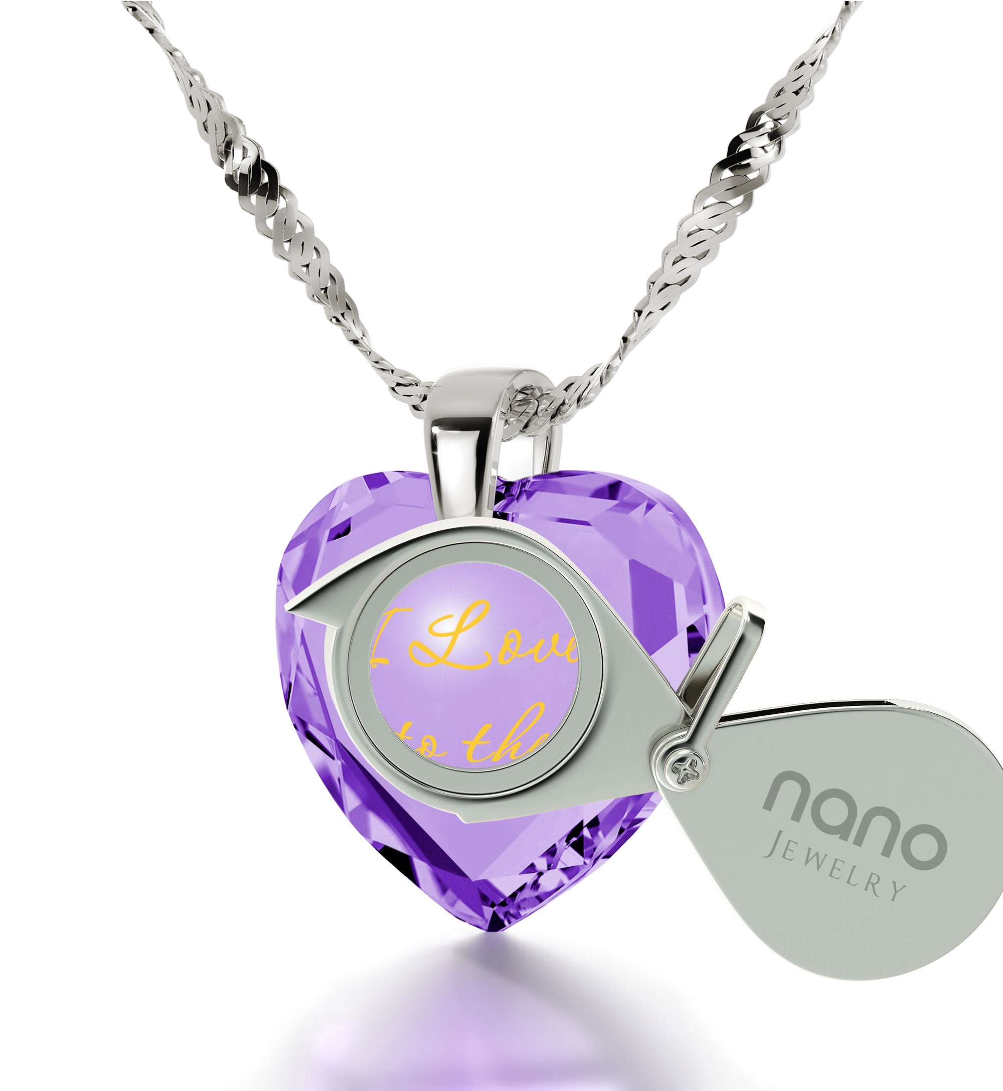 925 Sterling Silver I Love You to The Moon and Back Necklace 24k Gold Inscribed Heart Cubic Zirconia Pendant - NanoStyle Jewelry