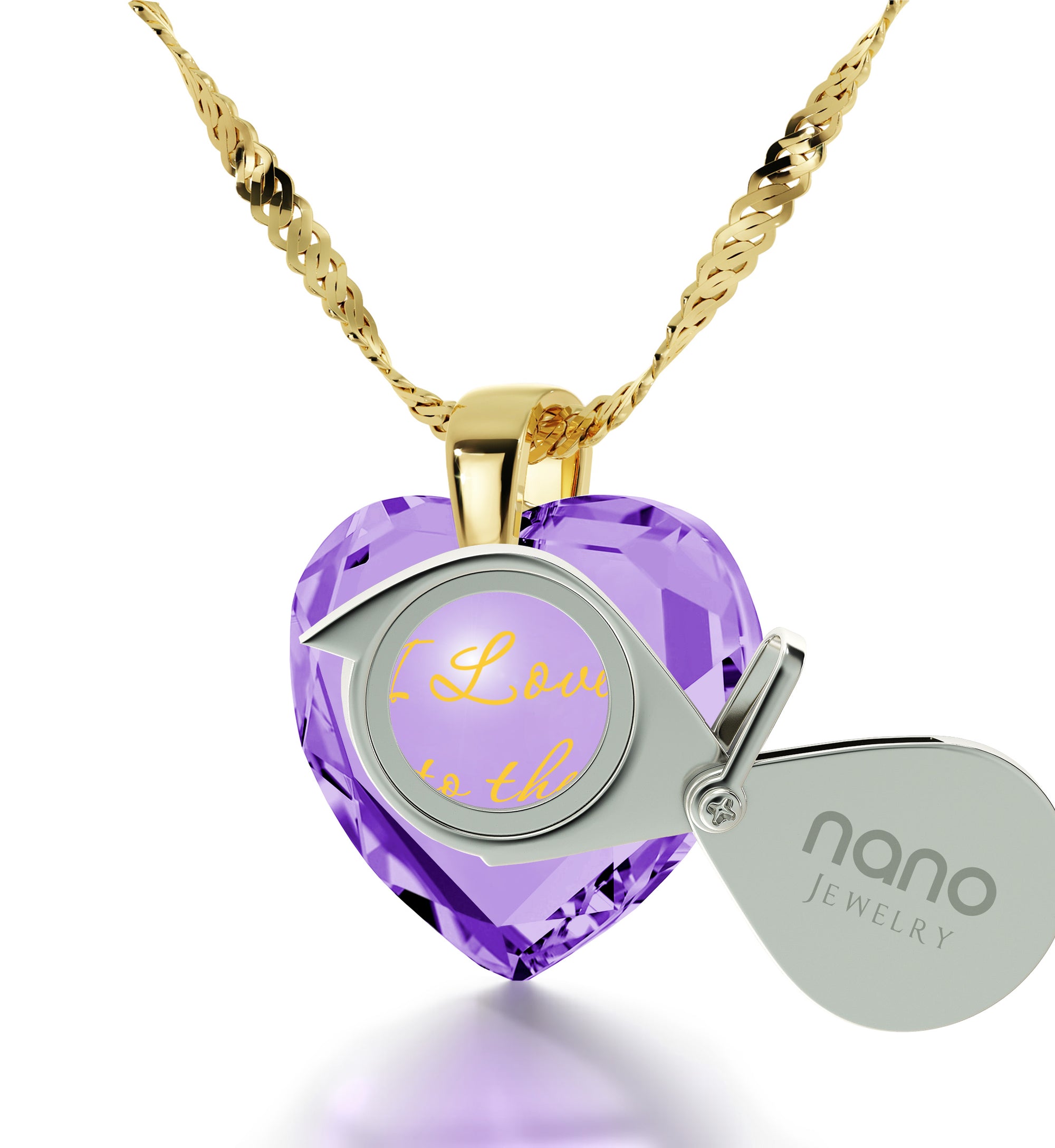 Gold Plated I Love You to The Moon and Back Necklace 24k Gold Inscribed Heart Cubic Zirconia Pendant - NanoStyle Jewelry