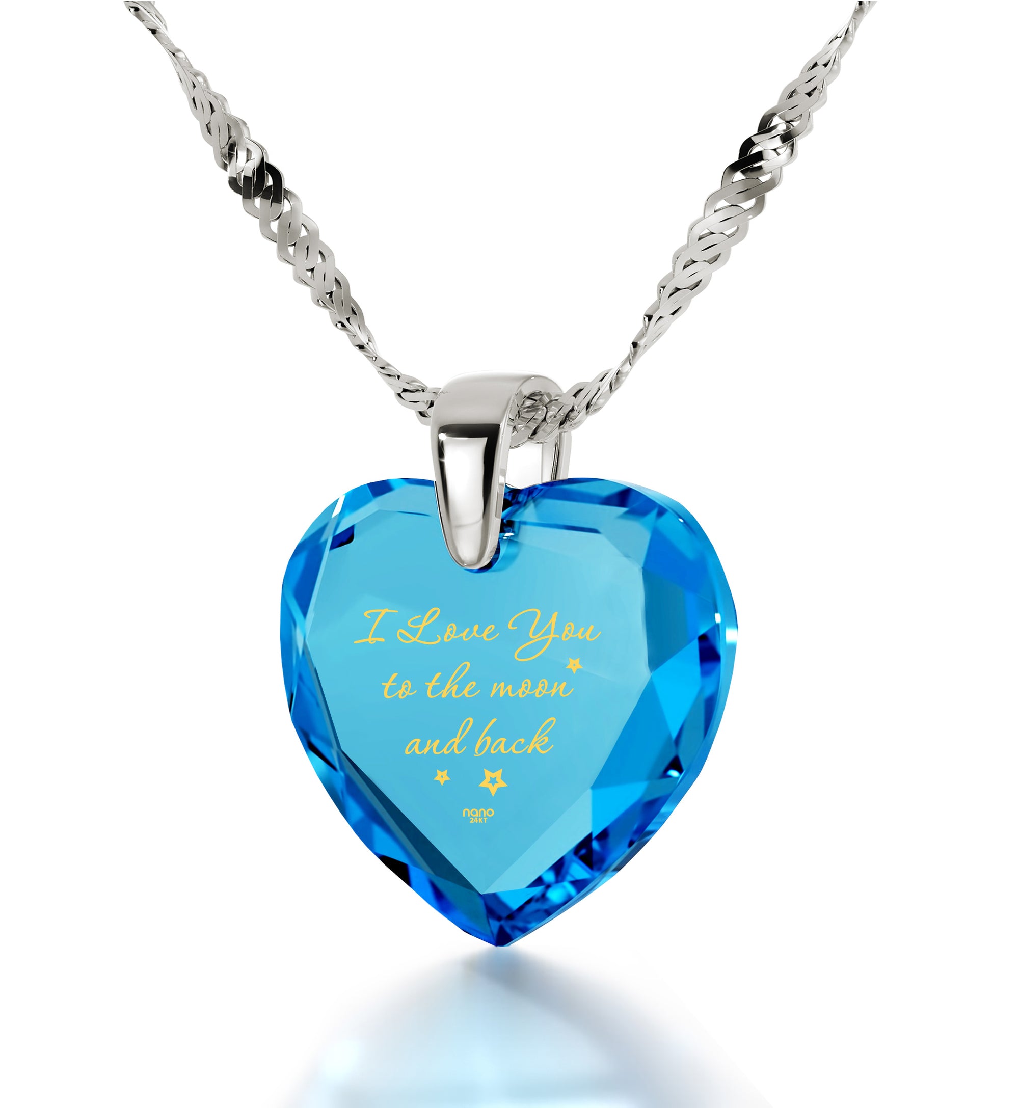 925 Sterling Silver I Love You to The Moon and Back Necklace 24k Gold Inscribed Heart Cubic Zirconia Pendant - NanoStyle Jewelry