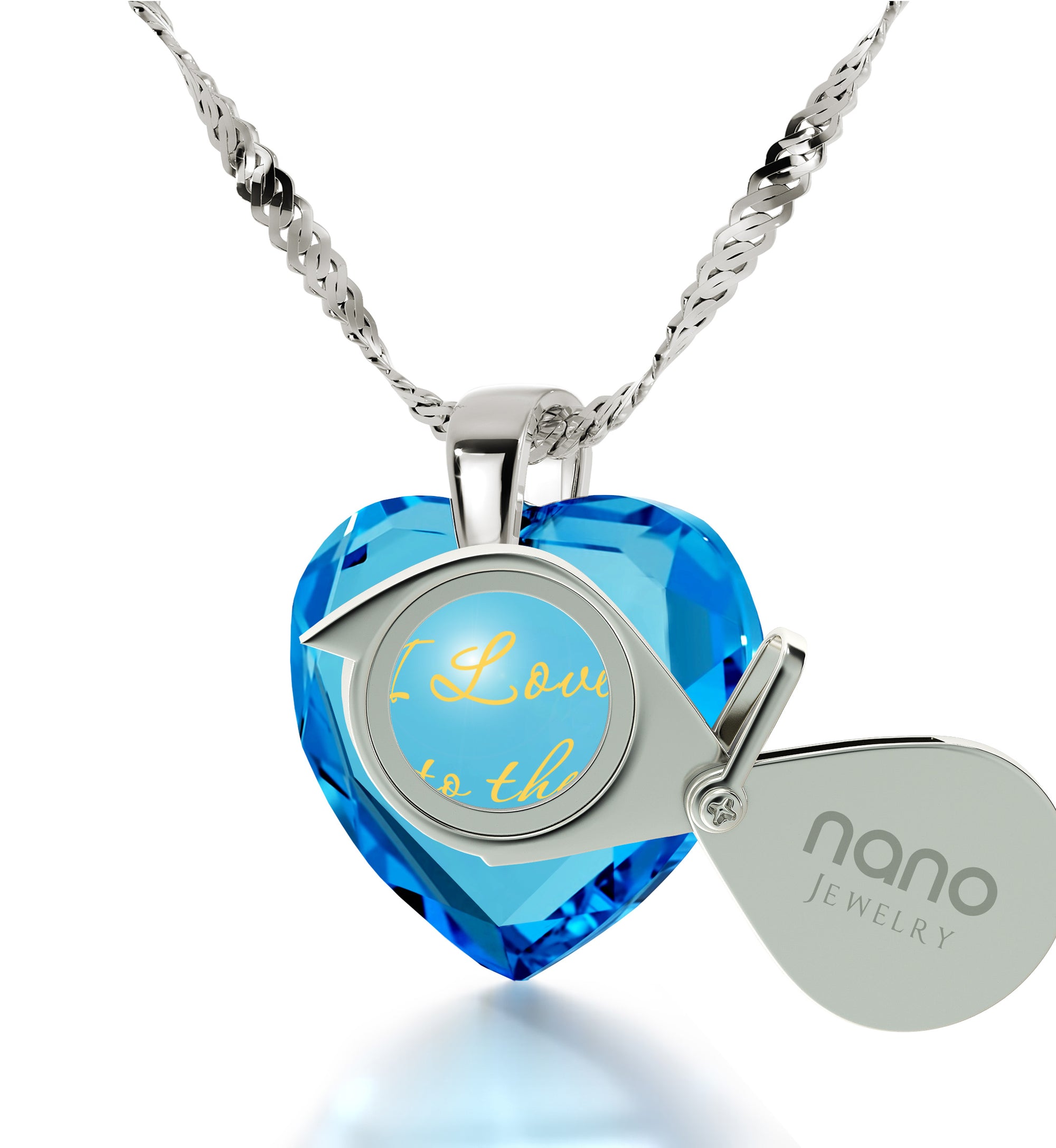 925 Sterling Silver I Love You to The Moon and Back Necklace 24k Gold Inscribed Heart Cubic Zirconia Pendant - NanoStyle Jewelry