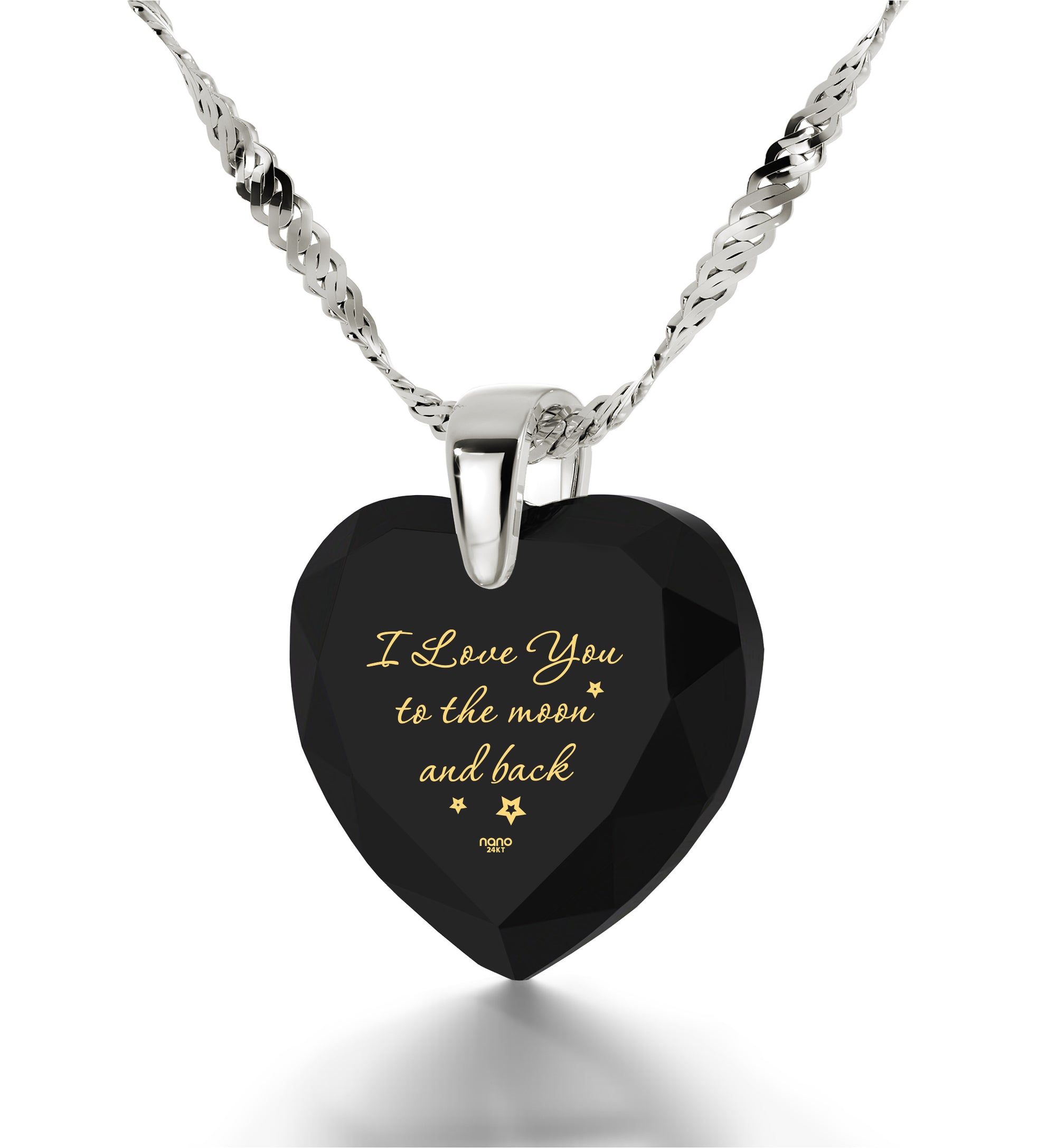 925 Sterling Silver I Love You to The Moon and Back Necklace 24k Gold Inscribed Heart Cubic Zirconia Pendant - NanoStyle Jewelry