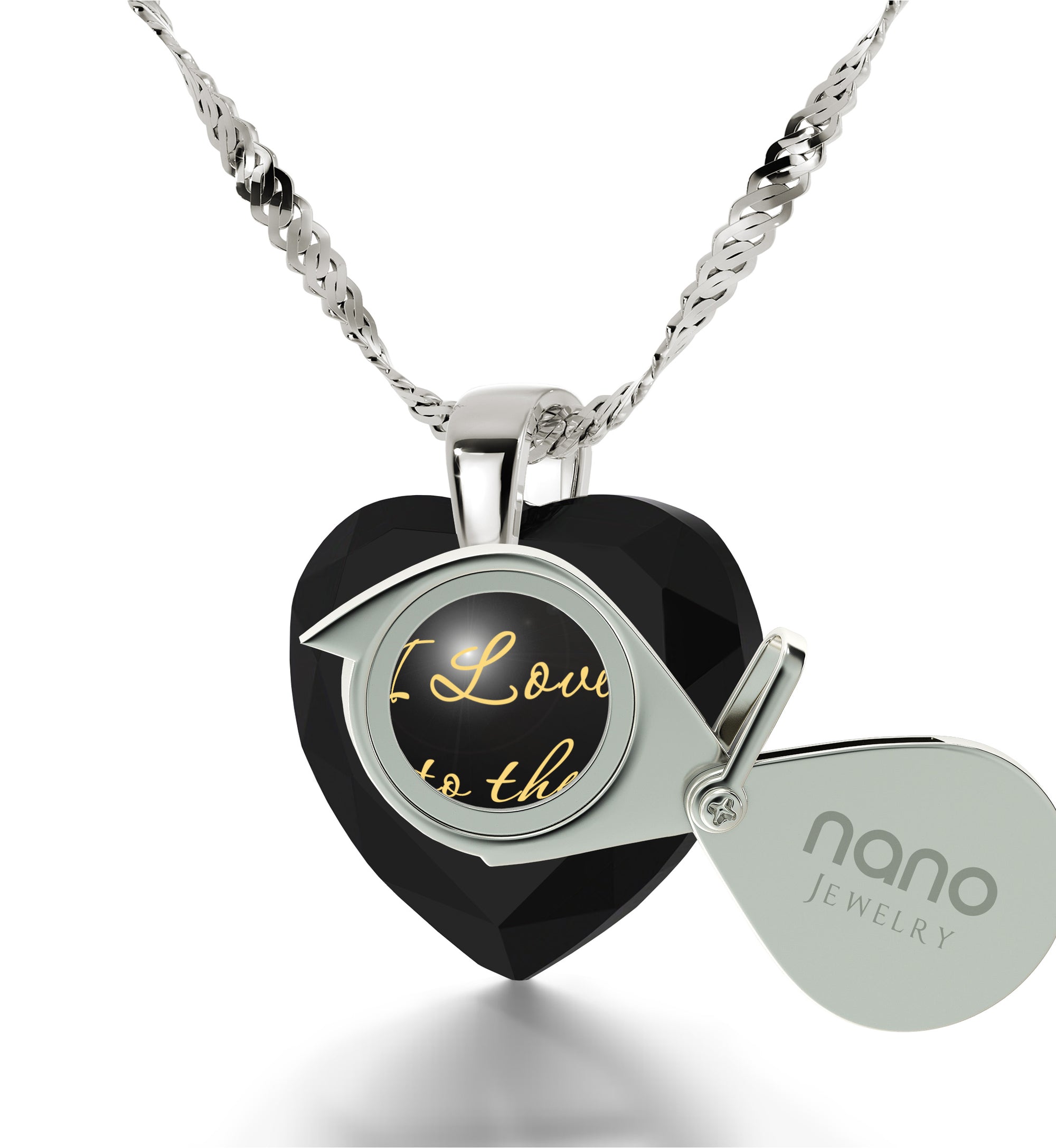 925 Sterling Silver I Love You to The Moon and Back Necklace 24k Gold Inscribed Heart Cubic Zirconia Pendant - NanoStyle Jewelry